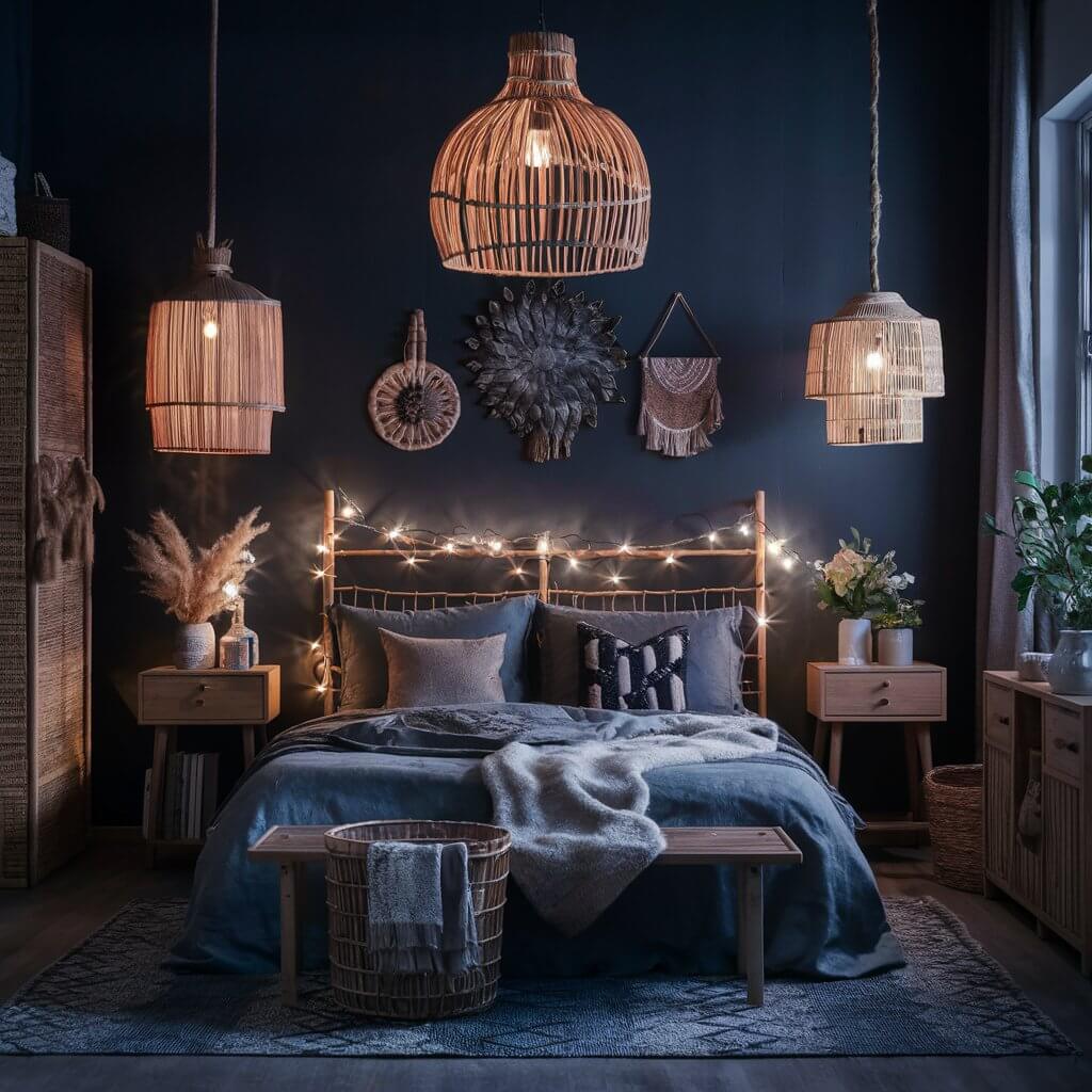 13 Dark Boho Bedroom Ideas That Will Inspire Your Next Redecorating Project 4 Cozy dark boho bedroom showcasing dramatic lighting with warm, ambient glows from layered pendant lights and fairy lights. The room features a rich mix of earthy tones, textured fabrics, and bohemian decor elements like woven wall hangings and potted plants, creating a moody, inviting atmosphere perfect for relaxation.