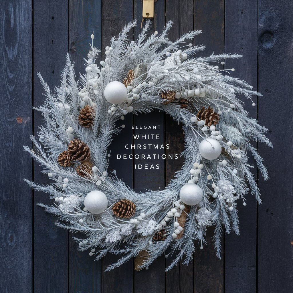 13 Creative White Christmas Decorations Ideas to Make Your Home Sparkle 2 Elegant white wreaths for Christmas decorations, featuring snow-dusted pinecones, white ornaments, and delicate ribbon details to create a timeless holiday look. Perfect for those seeking classic, wintery white Christmas decoration ideas for doors or mantels.