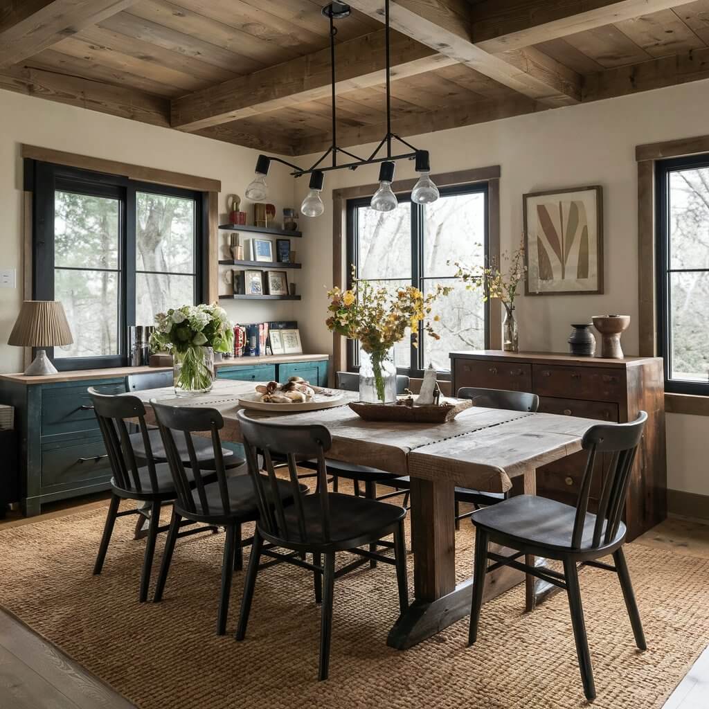 A beautifully crafted extendable rustic dining room table made from reclaimed wood, showcasing natural grain patterns and a weathered finish. This table features sturdy, traditional legs and a spacious surface perfect for family gatherings or dinner parties, embodying a warm and inviting atmosphere in a rustic home decor setting. Ideal for those seeking a blend of functionality and rustic charm in their dining area.