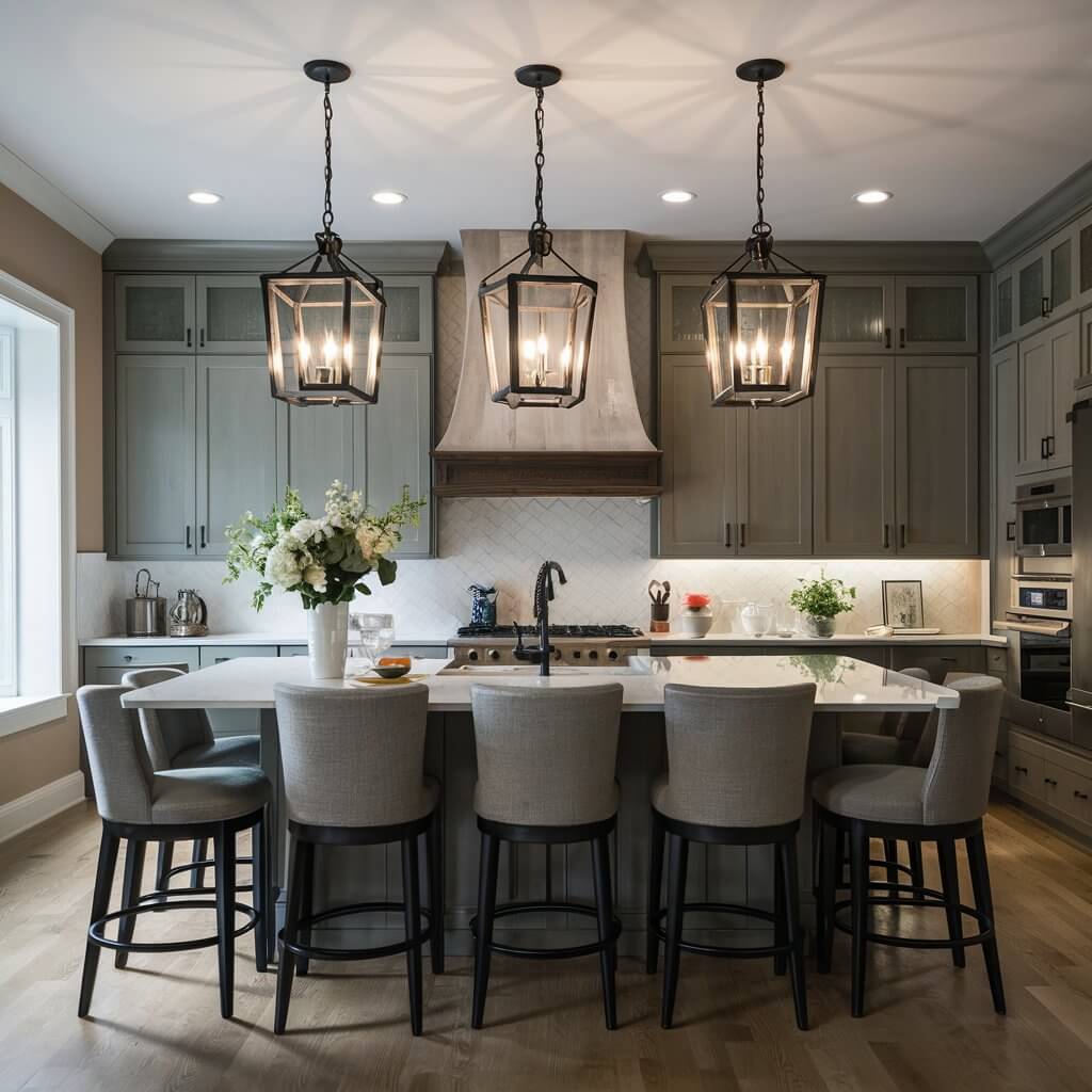 13 Kitchen Lighting Design Ideas That Will Illuminate Your Space 6 Eye-catching pendant lights hanging over a modern kitchen island, providing stylish and functional illumination. These trendy kitchen lighting ideas enhance the room’s ambiance with warm, focused lighting. Perfect for contemporary or farmhouse kitchens, pendant lighting fixtures add elegance and elevate the overall kitchen design.