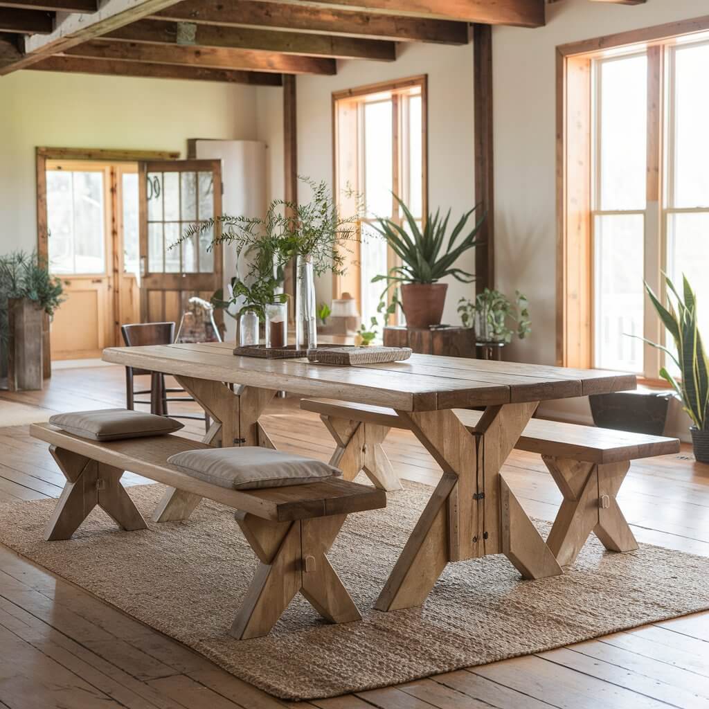 Beautiful farmhouse table with benches showcasing a rustic dining room design. This sturdy wooden table features a natural finish, complemented by matching benches, creating an inviting space perfect for family gatherings and country-style dining. Ideal for those seeking rustic charm in their home decor, this farmhouse table brings warmth and character to any dining area.