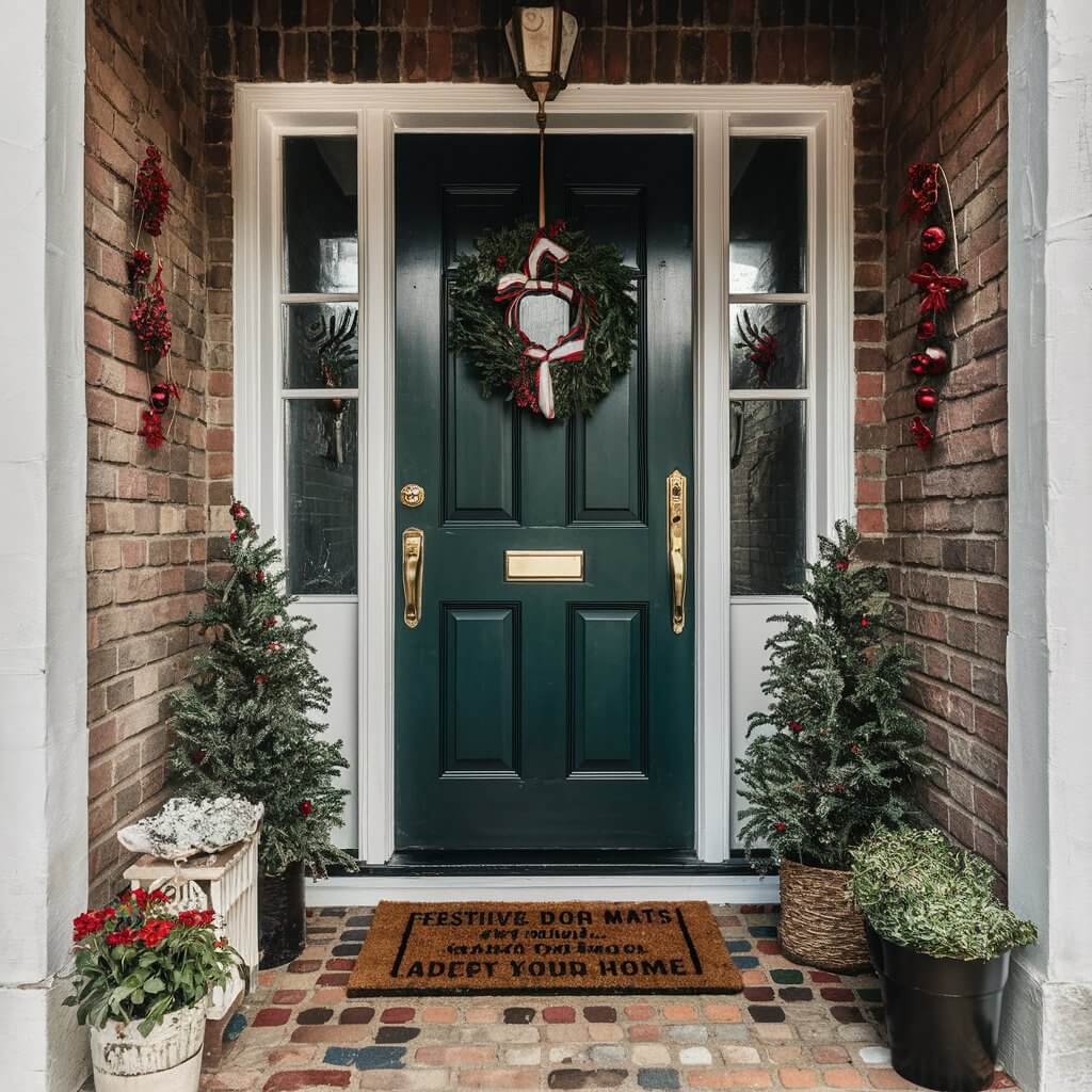 13 Must-Try Christmas Entryway Décor Ideas for a Warm Welcome 13 Festive door mat adding a cheerful holiday touch to a beautifully decorated Christmas entryway, complete with string lights, garlands, and cozy accents – the perfect inspiration for Christmas entryway decor ideas.