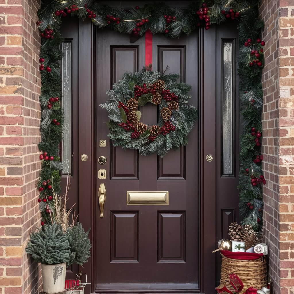 13 Must-Try Christmas Entryway Décor Ideas for a Warm Welcome 1 Beautiful festive wreaths hanging on a Christmas entryway door, decorated with vibrant red bows, pinecones, and sparkling lights. This Christmas entryway decor idea creates a warm, inviting holiday atmosphere, perfect for welcoming guests into your home. The wreaths are adorned with traditional elements, offering a classic touch to your front door decor during the holiday season. Ideal for adding a festive and cozy touch to your Christmas entrance decor.