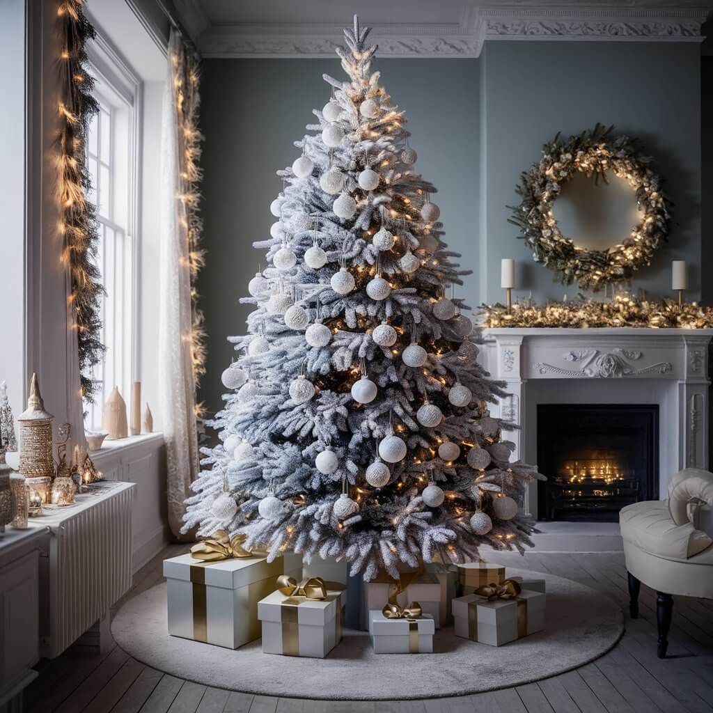 13 Creative White Christmas Decorations Ideas to Make Your Home Sparkle 1 Flocked Christmas tree adorned with elegant white Christmas decorations, including sparkling silver ornaments, delicate white garlands, and shimmering snowflake accents, creating a stunning winter wonderland effect. This festive scene captures the essence of cozy holiday decor and provides inspiration for a sophisticated, white-themed Christmas interior.