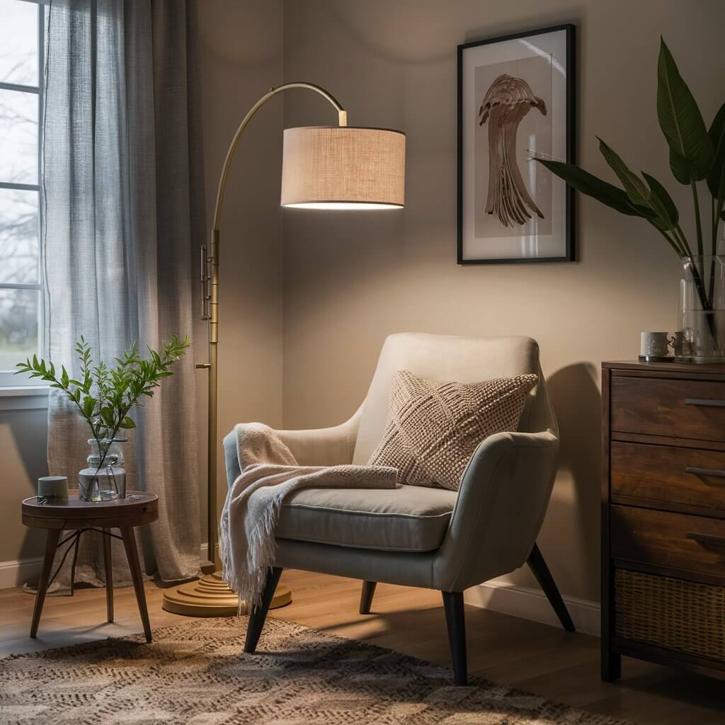 13 Creative Small Bedroom Lighting Ideas to Brighten Your Space 4 Cozy small bedroom lighting idea featuring a stylish floor lamp with a soft fabric shade, casting a warm, ambient glow. Perfect for compact spaces, this elegant floor lamp enhances bedroom lighting with a soft, diffused light ideal for reading or relaxing. The fabric shade adds texture and charm to a small bedroom while creating a cozy, inviting atmosphere.