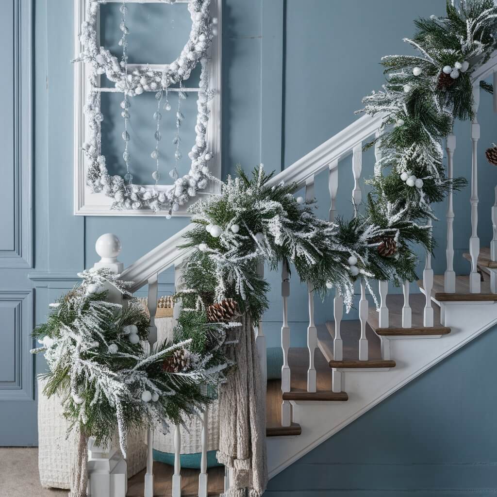 13 Creative White Christmas Decorations Ideas to Make Your Home Sparkle 7 Frosted garlands draped elegantly over a mantel, surrounded by white Christmas decorations that create a serene, wintry ambiance. The garlands are adorned with twinkling lights and subtle silver accents, perfect for adding a touch of festive charm and a cozy, snowy feel to holiday home decor.