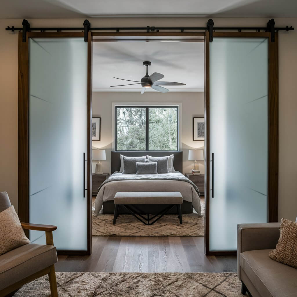 12 Modern Bedroom Door Ideas to Elevate Your Interior Design 3 Modern bedroom door with frosted glass panels, adding privacy and a sleek, contemporary touch to the space. Perfect for enhancing natural light while maintaining privacy, this door design complements minimalist and modern bedroom decor. Ideal for small bedrooms, master suites, or home offices, frosted glass doors create an elegant, airy feel, making them a popular choice for stylish bedroom renovations and remodels.