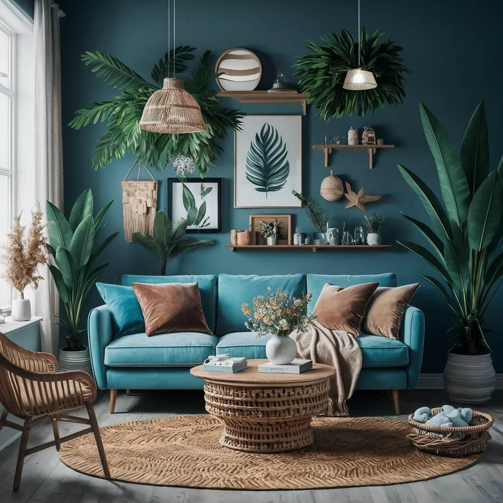 14 Creative Tropical Living Room Ideas to Spice Up Your Home Décor 12 Stylish tropical living room with functional furniture, featuring a blend of natural wood, vibrant green plants, and multi-purpose pieces. The space is designed for comfort and practicality, incorporating a cozy sectional sofa, coffee table with storage, and stylish storage solutions. Perfect for creating a relaxing, tropical-inspired environment with functional elements that enhance both design and organization.