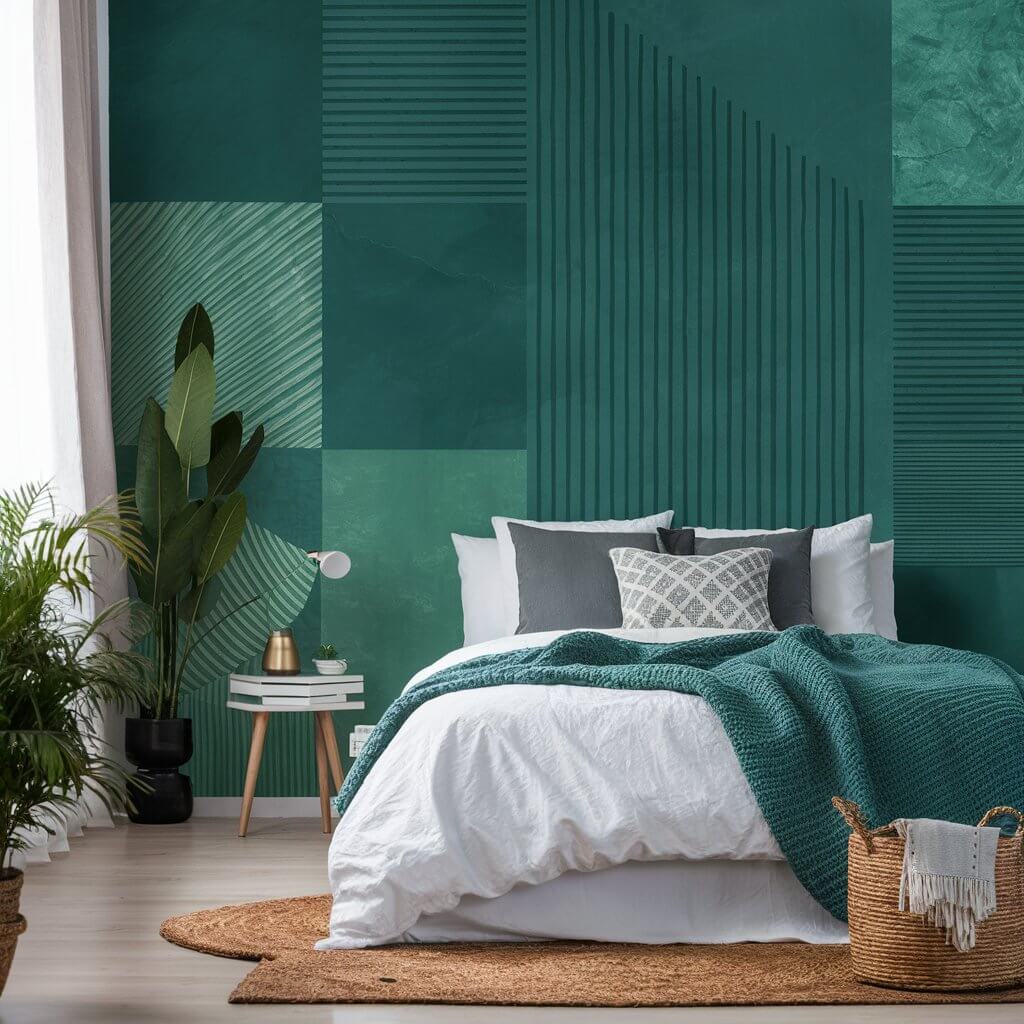 13 Stunning Green Bedroom Wallpaper Ideas You’ll Love 4 Geometric Green Dreams – A stylish and modern green bedroom wallpaper featuring bold geometric patterns. This vibrant and trendy design combines shades of green to create a calming and refreshing atmosphere, perfect for enhancing any bedroom decor. Ideal for those looking to add a contemporary touch with a touch of nature, this wallpaper is a perfect blend of modern and eco-friendly elements, providing a chic backdrop for a peaceful sleep environment. Explore geometric green wallpaper ideas for a statement bedroom style.
