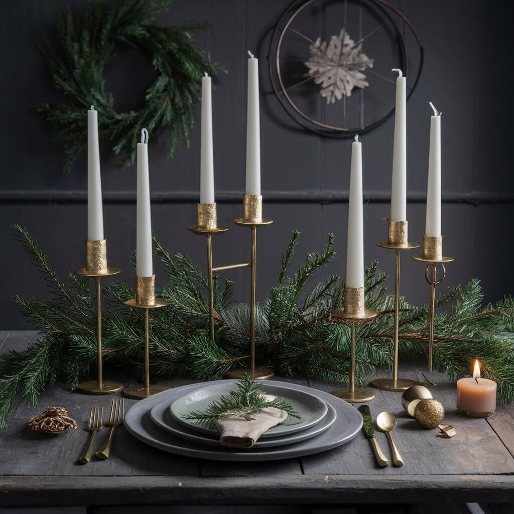 15 Must-Try Rustic Christmas Decor Ideas for a Whimsical Holiday 14 Elegant gold leaf candle holders surrounded by rustic Christmas decor, featuring natural wood elements, pinecones, and red berries, creating a warm, festive ambiance. Perfect for holiday home styling, these gold leaf candle holders add a touch of luxury to rustic Christmas decor, ideal for mantelpieces, tablescapes, and cozy winter gatherings.