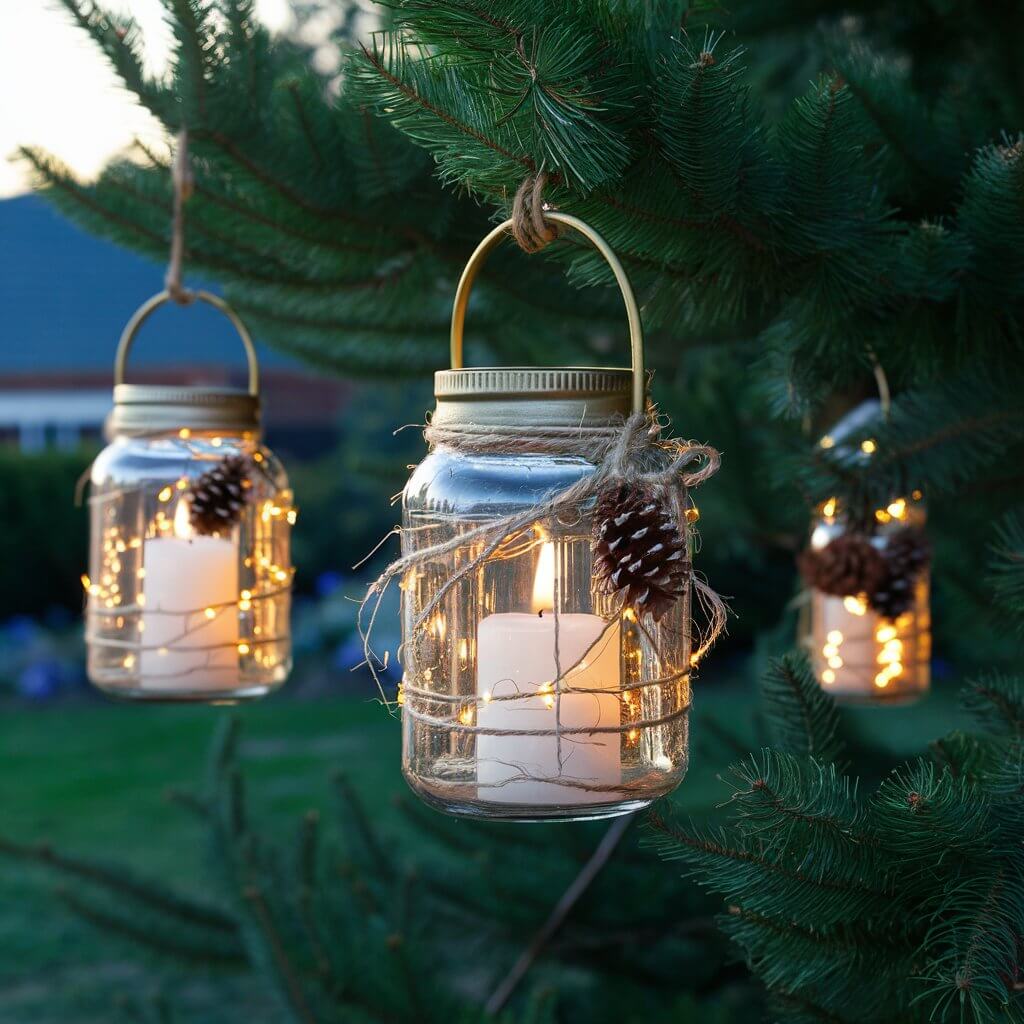 13 Unique Christmas Tree Yard Decoration Ideas for a Magical Holiday 11 Enchanting Christmas tree yard decoration idea featuring festive hanging lanterns glowing warmly among twinkling lights, creating a cozy and magical outdoor holiday ambiance.