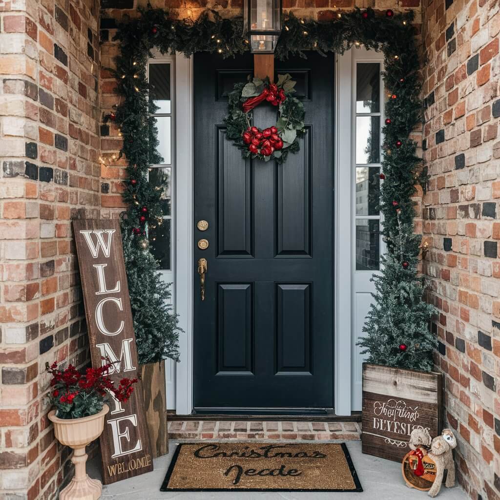 13 Must-Try Christmas Entryway Décor Ideas for a Warm Welcome 6 Festive Christmas entryway decor featuring elegant holiday signage, adorned with seasonal greenery, twinkling fairy lights, and cheerful red and gold accents. This inviting holiday display highlights creative Christmas decor ideas perfect for enhancing your home’s entryway with warm and welcoming seasonal charm.