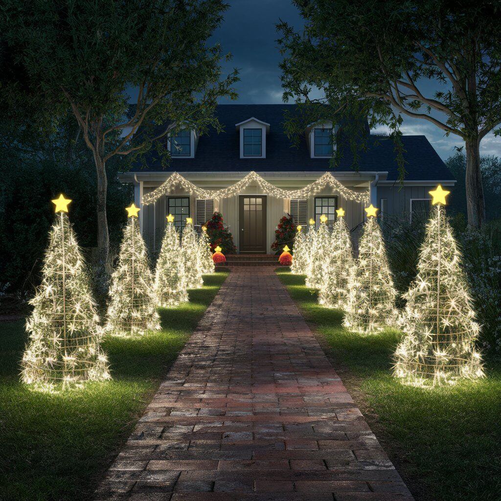 13 Unique Christmas Tree Yard Decoration Ideas for a Magical Holiday 10 Christmas tree yard decoration ideas featuring illuminated pathway lights that create a magical, festive atmosphere. The glowing lights lead the way to a beautifully decorated tree, enhancing the holiday charm of the outdoor space. Ideal for creating a warm and welcoming ambiance during the Christmas season, this design combines stunning lighting with holiday cheer for a perfect yard display.