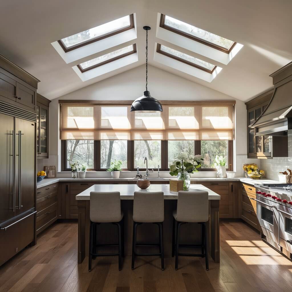13 Kitchen Lighting Design Ideas That Will Illuminate Your Space 9 Bright kitchen space showcasing creative kitchen lighting ideas with ample natural light. Large windows flood the room with sunlight, complemented by subtle pendant lights and under-cabinet LEDs to enhance a warm and inviting atmosphere. This design emphasizes how incorporating natural light in a kitchen can improve ambiance, energy efficiency, and functionality. Ideal for anyone seeking eco-friendly kitchen lighting ideas that blend style and sustainability.