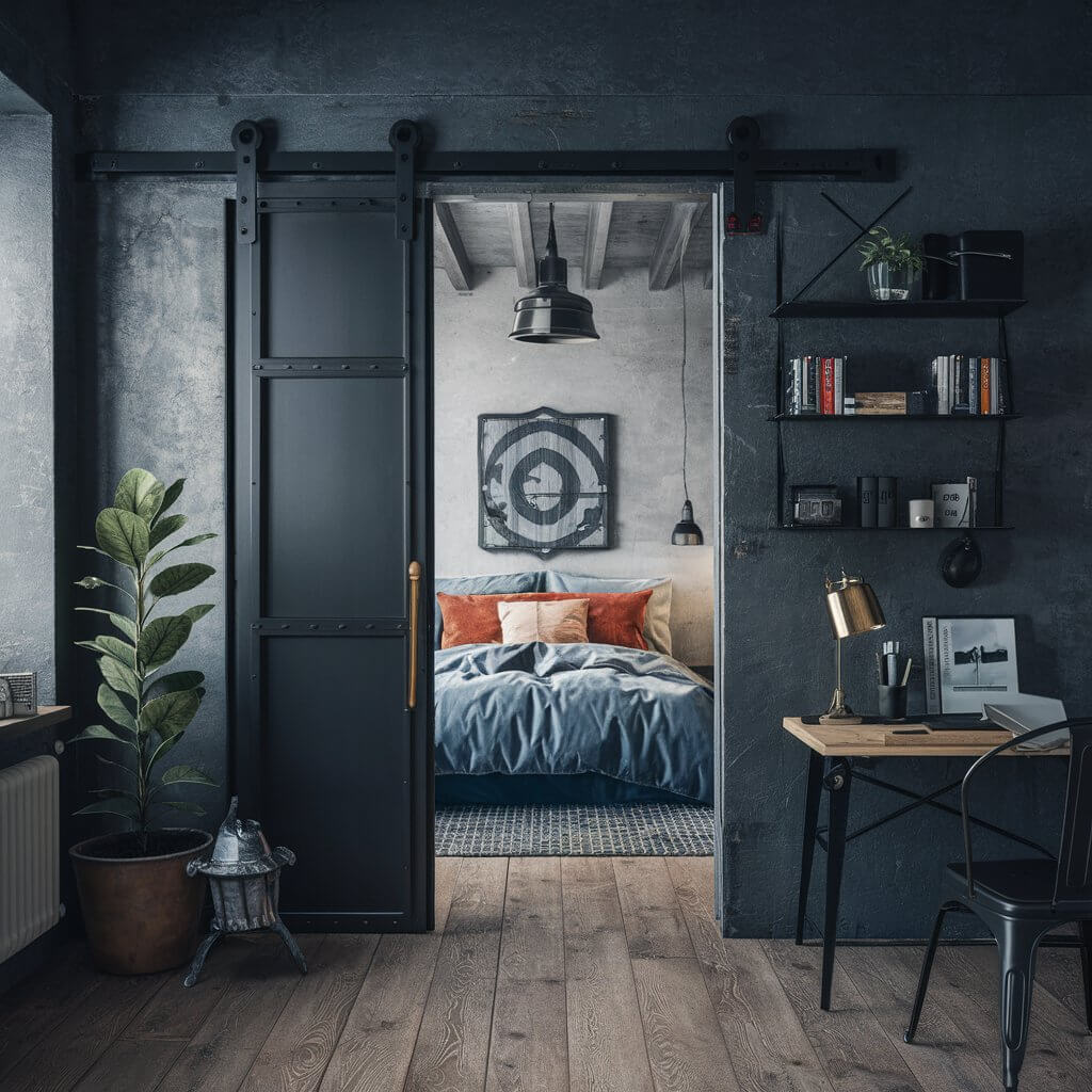 12 Modern Bedroom Door Ideas to Elevate Your Interior Design 11 Stylish industrial metal doors for bedrooms, showcasing a sleek and modern design that complements contemporary decor. These doors feature a robust metallic finish with clean lines and a minimalist aesthetic, perfect for urban living spaces. Ideal for creating a bold statement while maximizing durability and security, these industrial-style doors enhance the overall ambiance of any bedroom. Explore a variety of finishes and designs to match your interior style seamlessly.