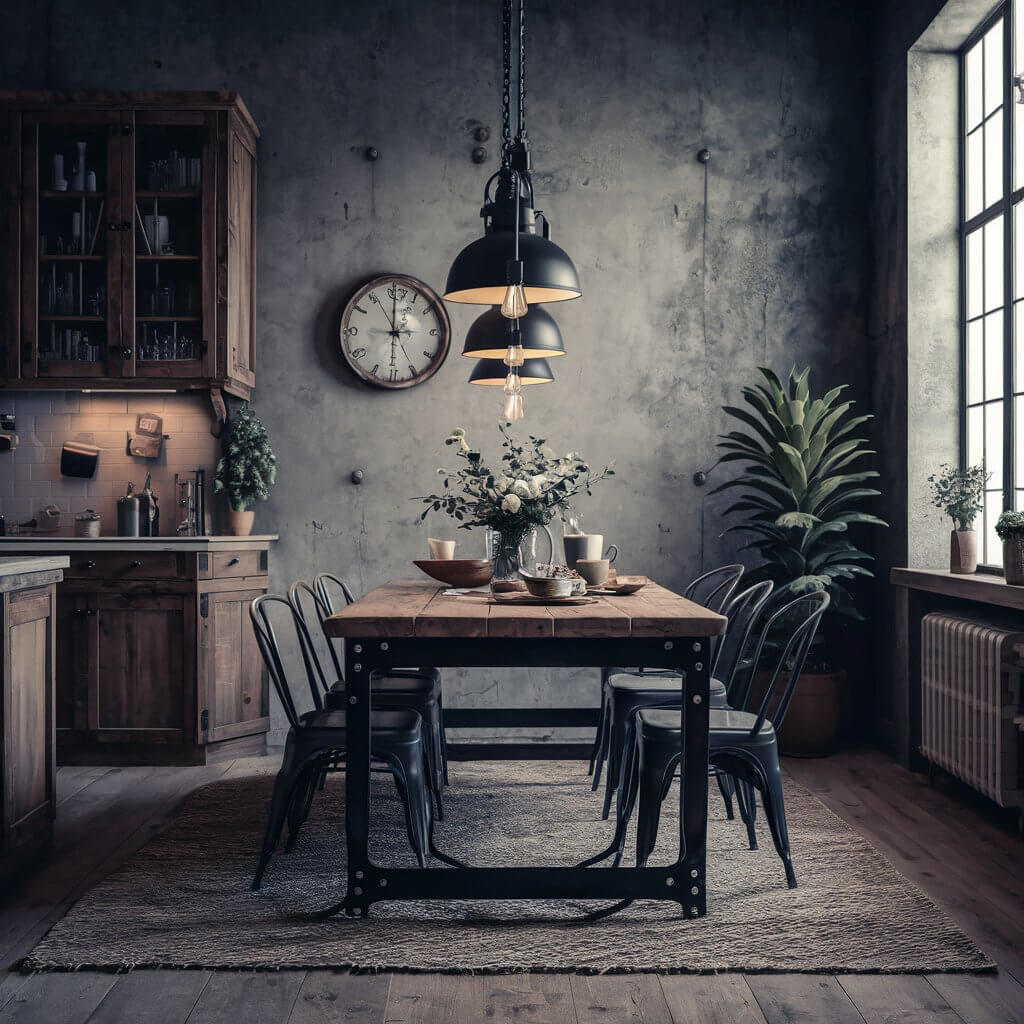 An inviting rustic dining room table showcasing an Industrial Rustic Blend design. The table features a sturdy reclaimed wood surface paired with black metal legs, creating a perfect fusion of rustic charm and industrial style. Surrounding the table are stylish metal chairs, enhancing the modern farmhouse aesthetic. This dining room setup emphasizes a cozy yet contemporary atmosphere, ideal for family gatherings and entertaining guests.