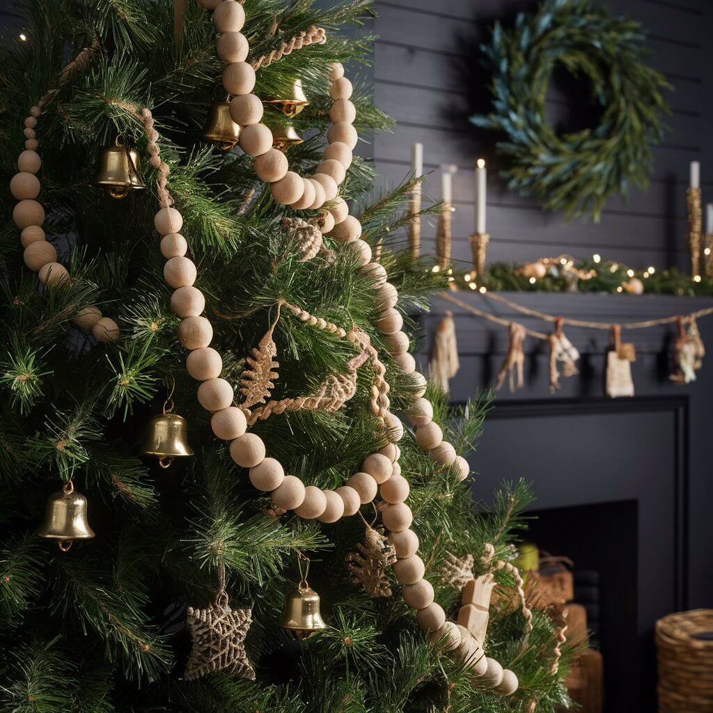 15 Must-Try Rustic Christmas Decor Ideas for a Whimsical Holiday 6 Jingle Bell Wood Bead Garland draped elegantly across a rustic wooden mantle, surrounded by natural pine branches, cozy candles, and twinkling fairy lights. This rustic Christmas decor idea captures the warmth and charm of farmhouse holiday styling, perfect for adding a touch of festive tradition with organic, natural elements.
