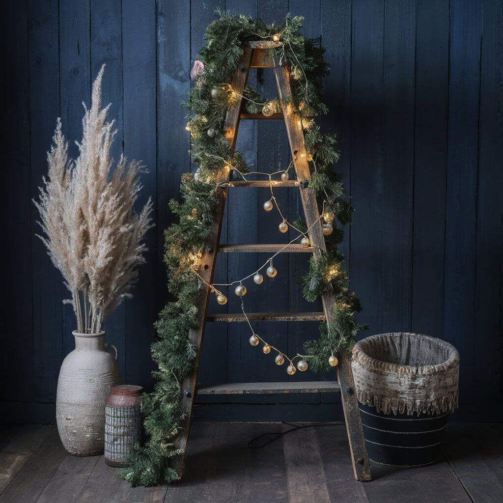 15 Must-Try Rustic Christmas Decor Ideas for a Whimsical Holiday 13 Rustic Christmas decor featuring a wooden ladder adorned with lush green garland, pinecones, and twinkling fairy lights, creating a cozy and festive atmosphere for holiday home decor. Perfect for adding a charming rustic touch to your Christmas decorations, this ladder garland display is ideal for creating a warm, welcoming vibe in any living room or entryway during the holiday season.