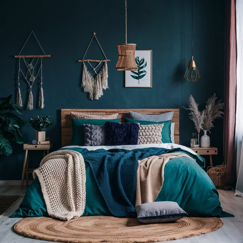 13 Dark Boho Bedroom Ideas That Will Inspire Your Next Redecorating Project 2 Cozy dark boho bedroom showcasing layered textiles, featuring rich, earthy tones and a mix of plush throws, patterned rugs, and decorative pillows that create depth and texture. The intricate combination of fabrics embodies the essence of bohemian style while maintaining a moody, inviting atmosphere perfect for relaxation.