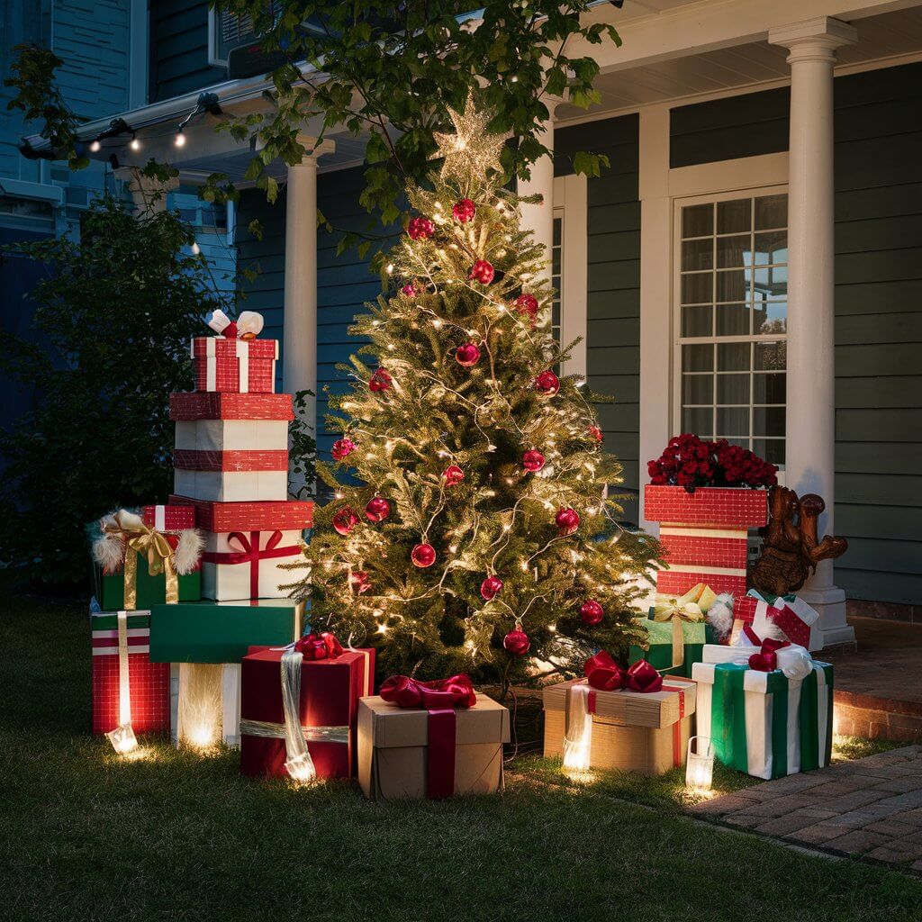 13 Unique Christmas Tree Yard Decoration Ideas for a Magical Holiday 3 Decorative Christmas tree yard setup featuring glowing light-up gift boxes arranged around the base of the tree. These illuminated holiday gift boxes add a festive touch to outdoor Christmas decorations, creating a warm and inviting atmosphere. Perfect for holiday yard displays, these light-up gift boxes are a charming addition to any Christmas tree yard decoration ideas, enhancing the festive spirit with their colorful and sparkling lights.