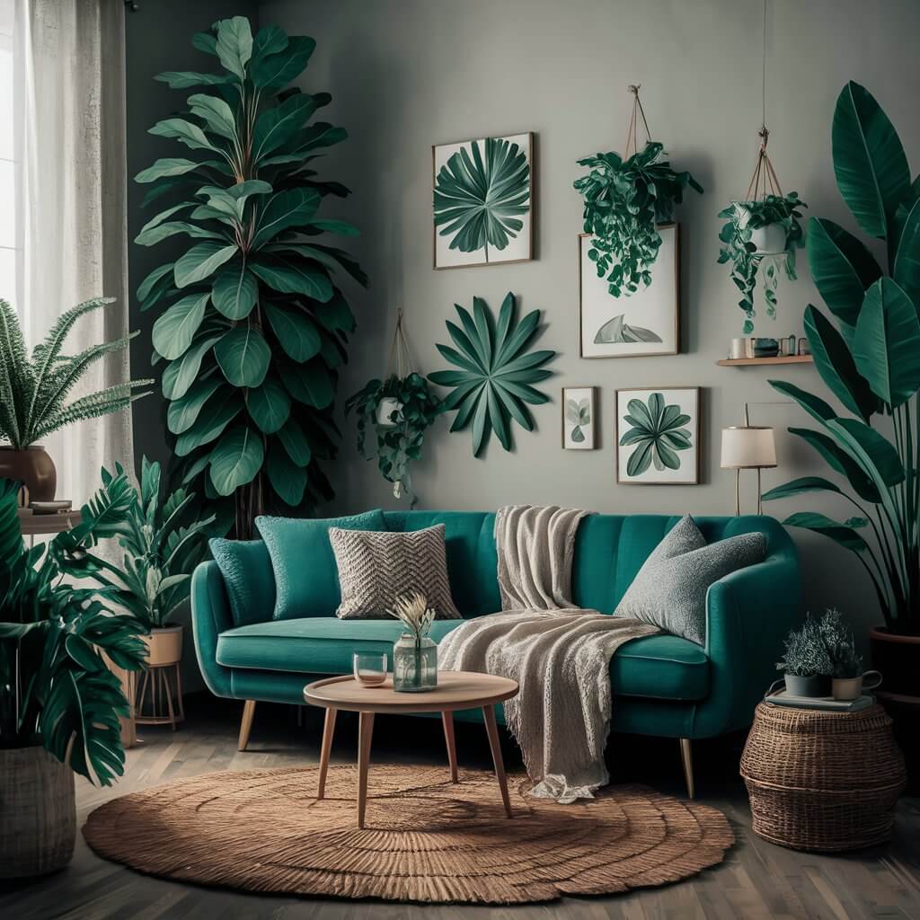 14 Creative Tropical Living Room Ideas to Spice Up Your Home Décor 3 Bright tropical living room featuring lush greenery, vibrant indoor plants, and natural wood accents. The space is styled with rattan furniture, colorful cushions, and large floor-to-ceiling windows allowing sunlight to enhance the greenery, creating a fresh and exotic atmosphere. Perfect inspiration for tropical living room decor ideas with a focus on bringing nature indoors.