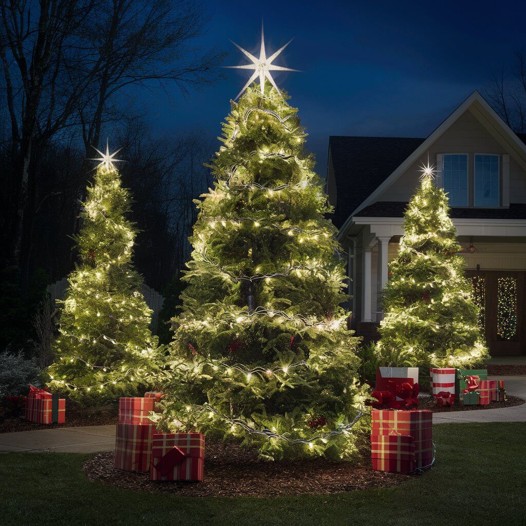 13 Unique Christmas Tree Yard Decoration Ideas for a Magical Holiday 13 A stunning display of Magical Fairy Light Trees in a festive yard, featuring beautifully illuminated Christmas trees adorned with sparkling fairy lights. Perfect for creating a whimsical outdoor holiday ambiance, these decorations combine elegance and cheer. Ideal for inspiring Christmas tree yard decoration ideas with a magical and enchanting touch.