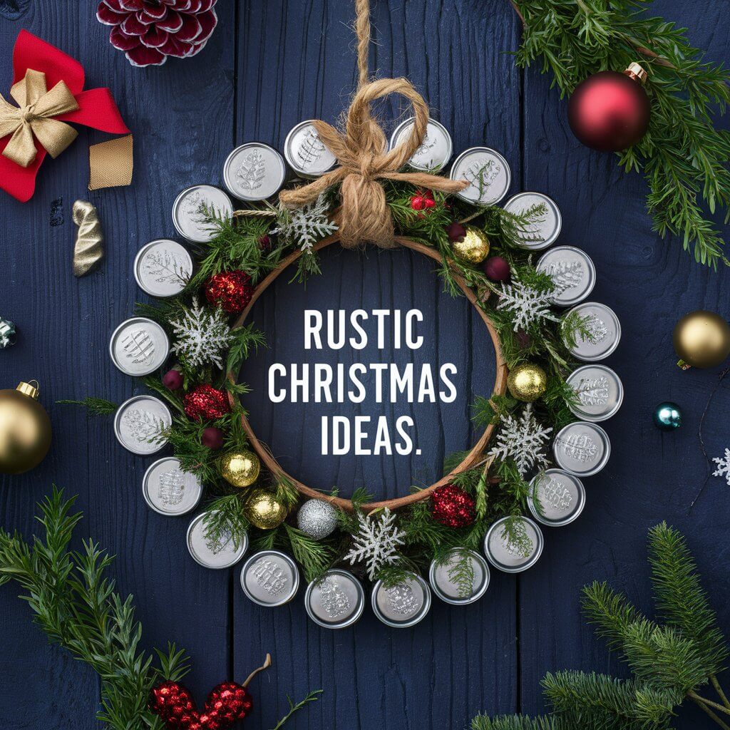 15 Must-Try Rustic Christmas Decor Ideas for a Whimsical Holiday 4 Handcrafted Mason Jar Lid Wreath adorned with twine, greenery, and red berries, perfect for rustic Christmas decor ideas. This charming holiday wreath embodies farmhouse style, adding a touch of cozy, vintage elegance to your festive decorations. Ideal for doors, walls, or mantel displays, bringing warmth and holiday spirit to your home.