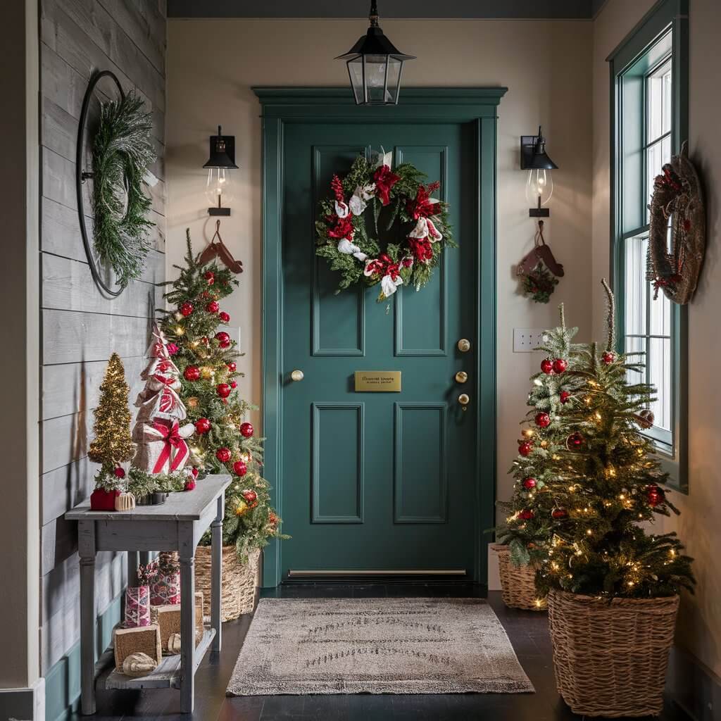 13 Must-Try Christmas Entryway Décor Ideas for a Warm Welcome 7 Festive Christmas entryway decor featuring mini Christmas trees adorned with twinkling lights and rustic ornaments, surrounded by cozy garlands and holiday-themed accents. Perfect for creating a warm and inviting holiday atmosphere in your home's entryway.