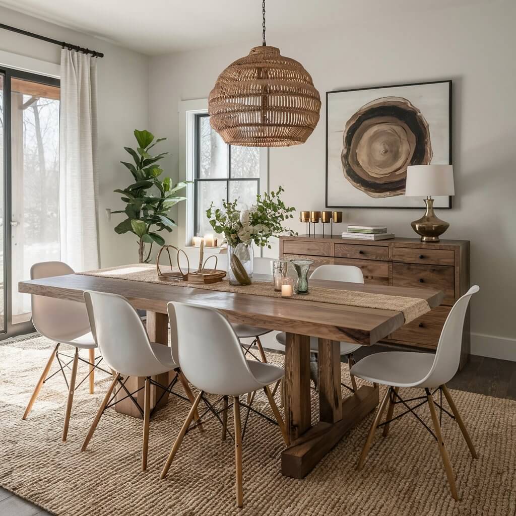 Rustic natural edge dining table in a cozy dining room with warm wood tones and farmhouse decor. This live edge wooden table creates a natural, organic look, perfect for rustic or farmhouse-style interiors. Set with neutral tableware and surrounded by comfortable chairs, this handcrafted dining table brings warmth and a touch of nature into the home, blending perfectly with rustic decor elements like reclaimed wood and vintage accents.