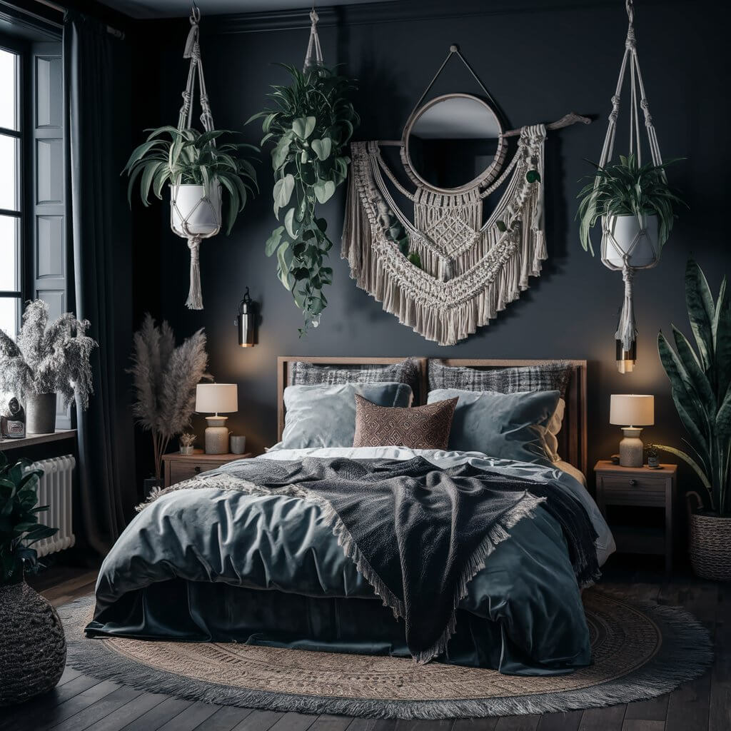 13 Dark Boho Bedroom Ideas That Will Inspire Your Next Redecorating Project 5 Cozy dark boho bedroom with nature-inspired decor, featuring earthy tones, layered textiles, and a mix of vintage and modern accents. The room is highlighted by deep, moody wall colors, warm wood furniture, and lush indoor plants, creating a serene, inviting atmosphere perfect for relaxation.
