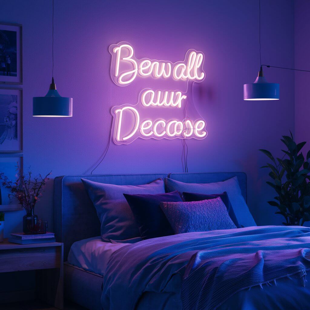 13 Creative Small Bedroom Lighting Ideas to Brighten Your Space 9 Neon wall sign illuminating a small bedroom with stylish and cozy lighting, ideal for adding personality and modern ambiance to compact spaces. This vibrant lighting idea transforms the room, creating a warm and inviting atmosphere perfect for small bedroom designs. Discover trendy small bedroom lighting ideas that maximize style and functionality with unique neon wall accents.