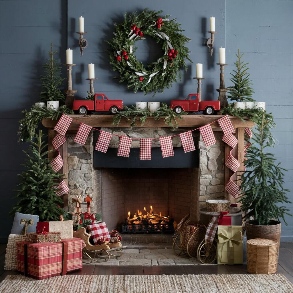 15 Must-Try Rustic Christmas Decor Ideas for a Whimsical Holiday 5 Old fashioned farmhouse mantel decorated for Christmas, featuring rustic garlands, antique wooden stockings, and natural pinecones for a cozy rustic Christmas decor idea. Warm string lights add a vintage charm, creating a festive and welcoming ambiance in a traditional farmhouse setting.