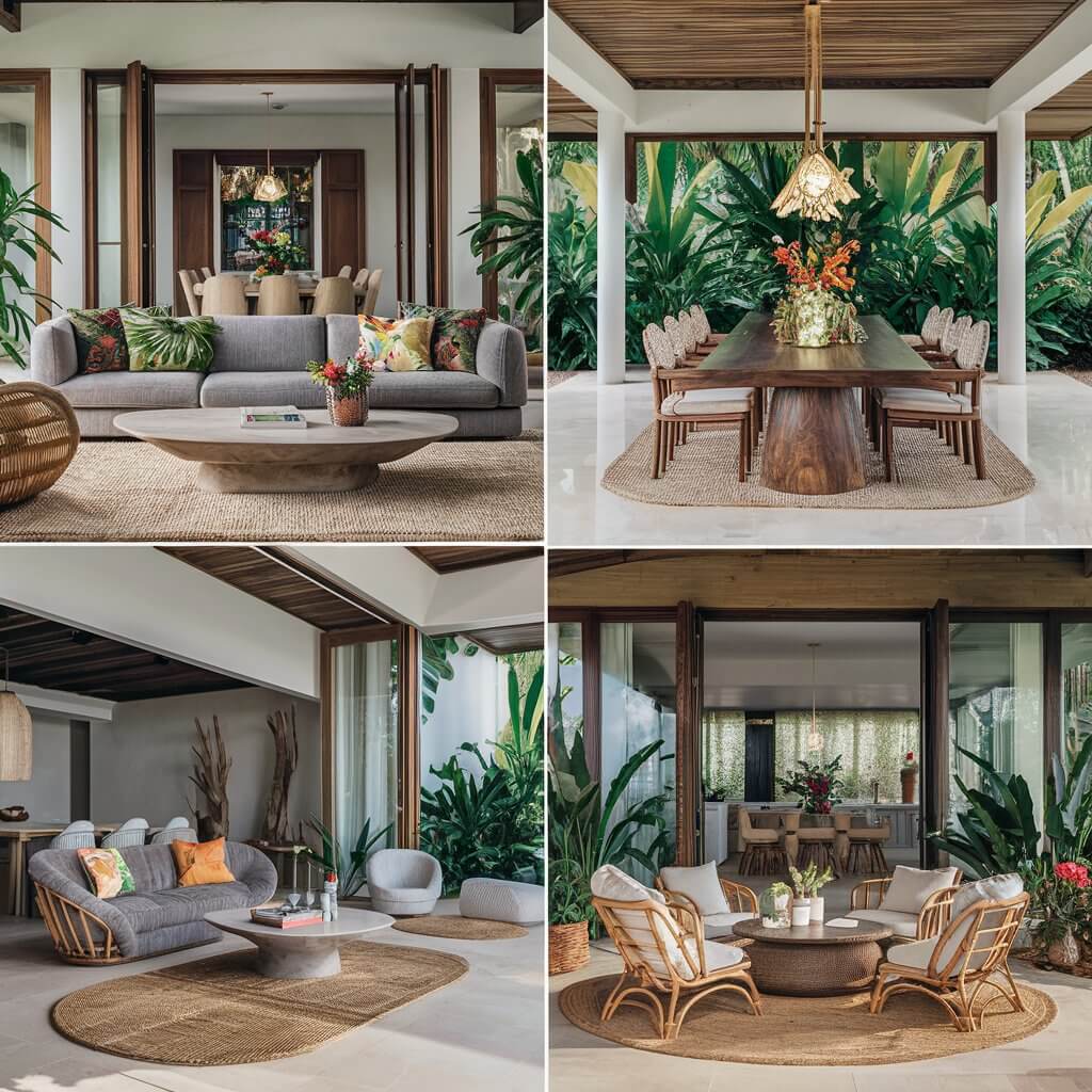 14 Creative Tropical Living Room Ideas to Spice Up Your Home Décor 5 Spacious tropical living room featuring open spaces with large sliding glass doors, lush greenery, natural wood furniture, and rattan accents. The airy design invites natural light, complemented by a mix of vibrant tropical decor and neutral tones, creating a serene and exotic retreat.