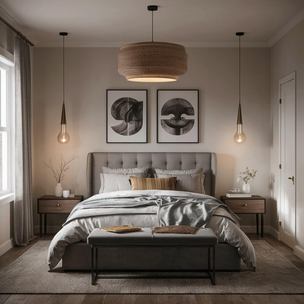 13 Creative Small Bedroom Lighting Ideas to Brighten Your Space 1 Cozy small bedroom with stylish overhead pendant lights, creating warm, ambient lighting. Ideal lighting solution for compact spaces, these modern pendant lights enhance room decor while providing functional, focused illumination. Perfect for small bedroom lighting ideas, adding both style and brightness without taking up valuable floor space.