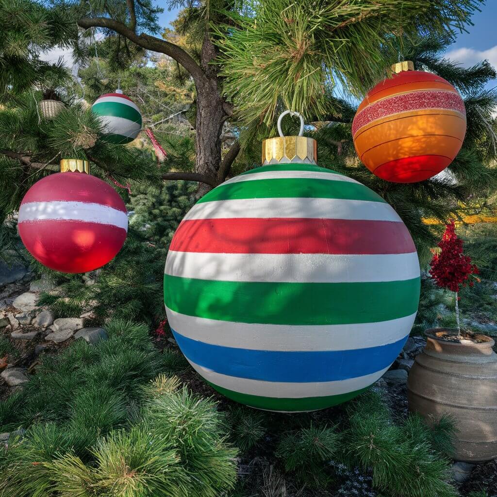 13 Unique Christmas Tree Yard Decoration Ideas for a Magical Holiday 5 Stunning Christmas tree yard decoration ideas featuring oversized baubles in vibrant colors, creating a festive and enchanting holiday atmosphere. These large, eye-catching ornaments are perfect for adding a bold statement to your outdoor Christmas decor, enhancing your yard with a magical, celebratory vibe. Ideal for creating a joyful, winter wonderland look with oversized baubles in red, gold, and silver, bringing warmth and elegance to your outdoor Christmas tree display.