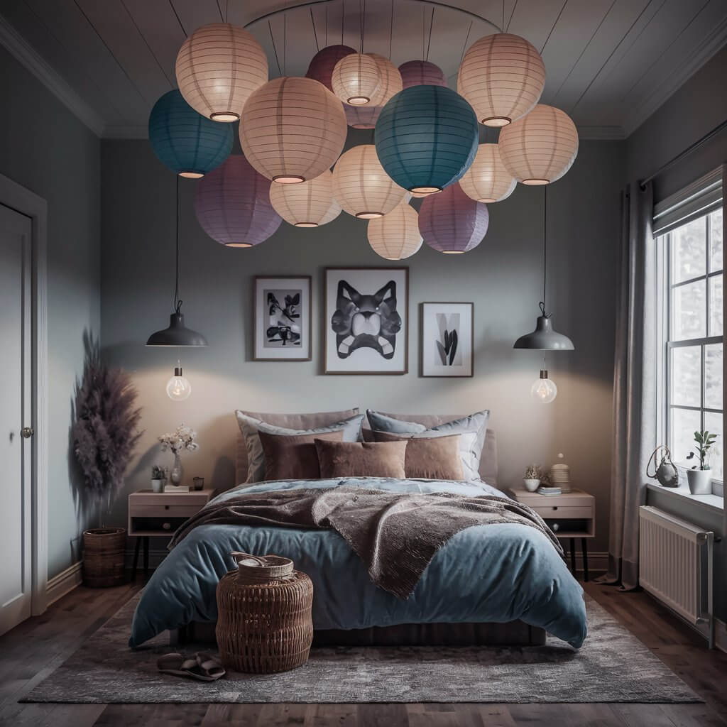 13 Creative Small Bedroom Lighting Ideas to Brighten Your Space 10 Stylish small bedroom lighting ideas featuring a cluster of colorful paper lanterns, creating a warm and inviting atmosphere. This decorative lighting solution enhances the cozy vibe of the room, showcasing modern design elements that maximize space while adding a playful touch. Perfect for small bedrooms, this paper lantern cluster is an ideal way to achieve ambient lighting and unique decor.