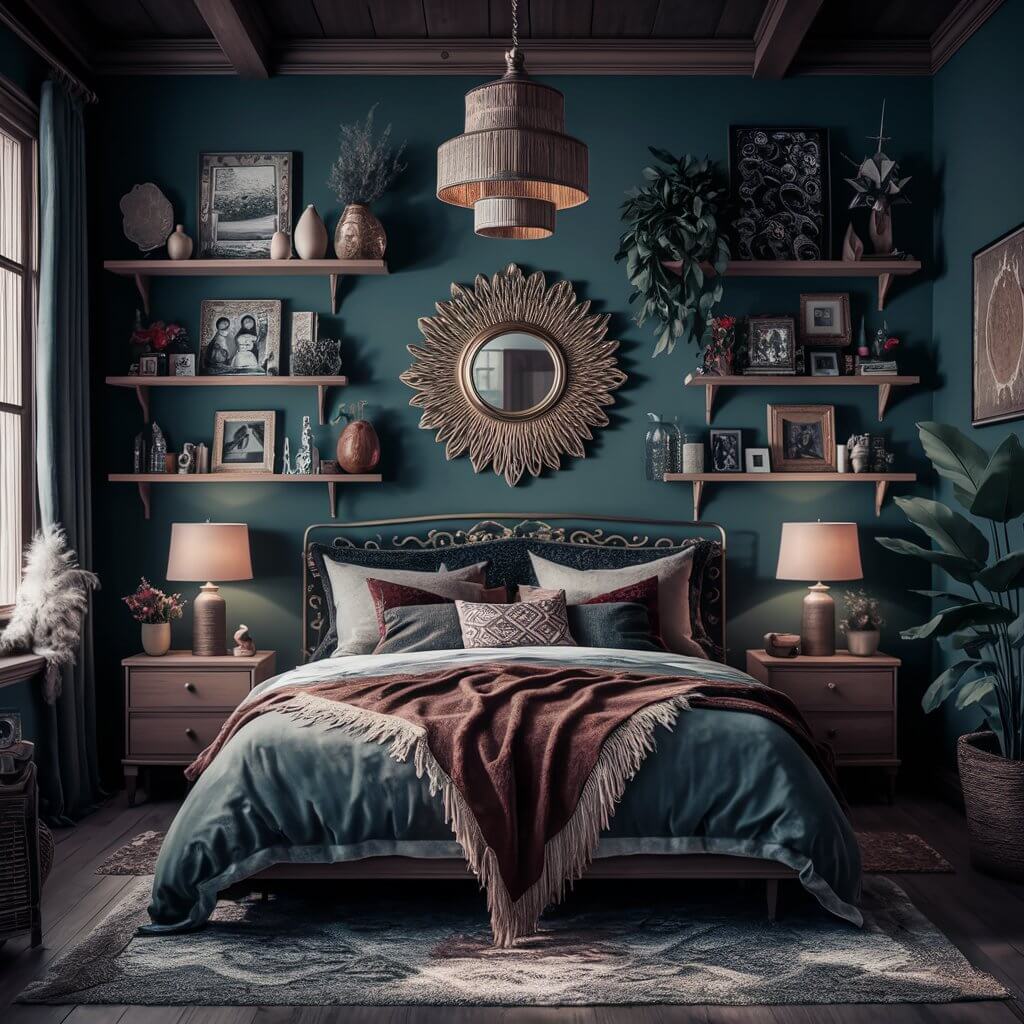 13 Dark Boho Bedroom Ideas That Will Inspire Your Next Redecorating Project 11 Dark boho bedroom ideas with personal touches, featuring eclectic decor, warm lighting, and unique accessories. A cozy space filled with rich textures like woven rugs, layered throws, and plants, reflecting an inviting and intimate atmosphere. The perfect blend of earthy tones and artistic details to create a personalized, stylish bohemian retreat.
