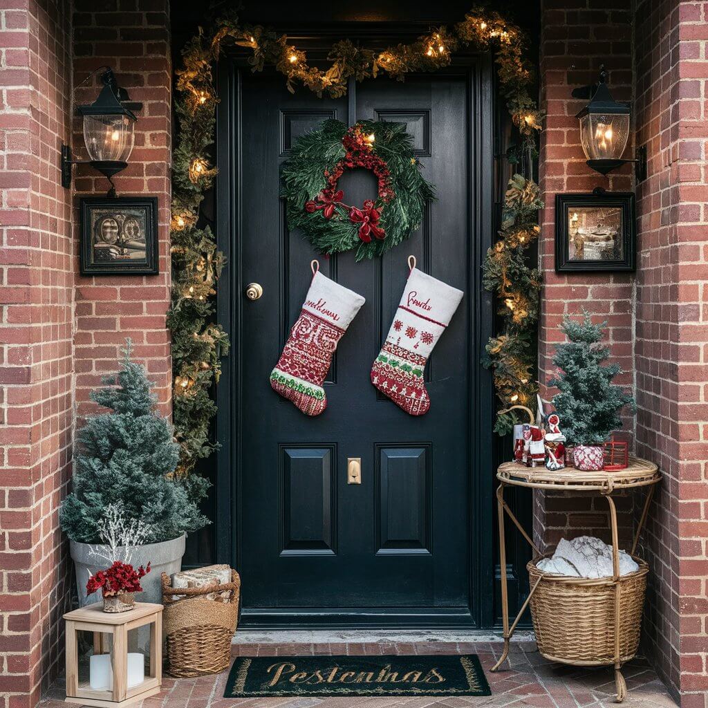 13 Must-Try Christmas Entryway Décor Ideas for a Warm Welcome 10 Festive Christmas entryway decor featuring personalized stockings hung on a rustic wooden bench, surrounded by garlands, twinkling string lights, and cozy holiday accents for a warm and inviting holiday welcome.