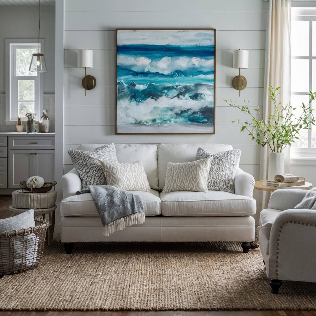12 Coastal Living Room Chairs Perfect for Lazy Summer Days 10 Coastal living room featuring a plush loveseat in soft, light hues, ideal for creating a relaxed, beach-inspired atmosphere. The stylish loveseat adds comfort and elegance to coastal-themed decor with its soft cushions and soothing design, perfect for any coastal or beach-style living room. This cozy, modern piece enhances the airy, open feel of the room, complementing light-colored walls, natural wood accents, and beach-inspired accessories.