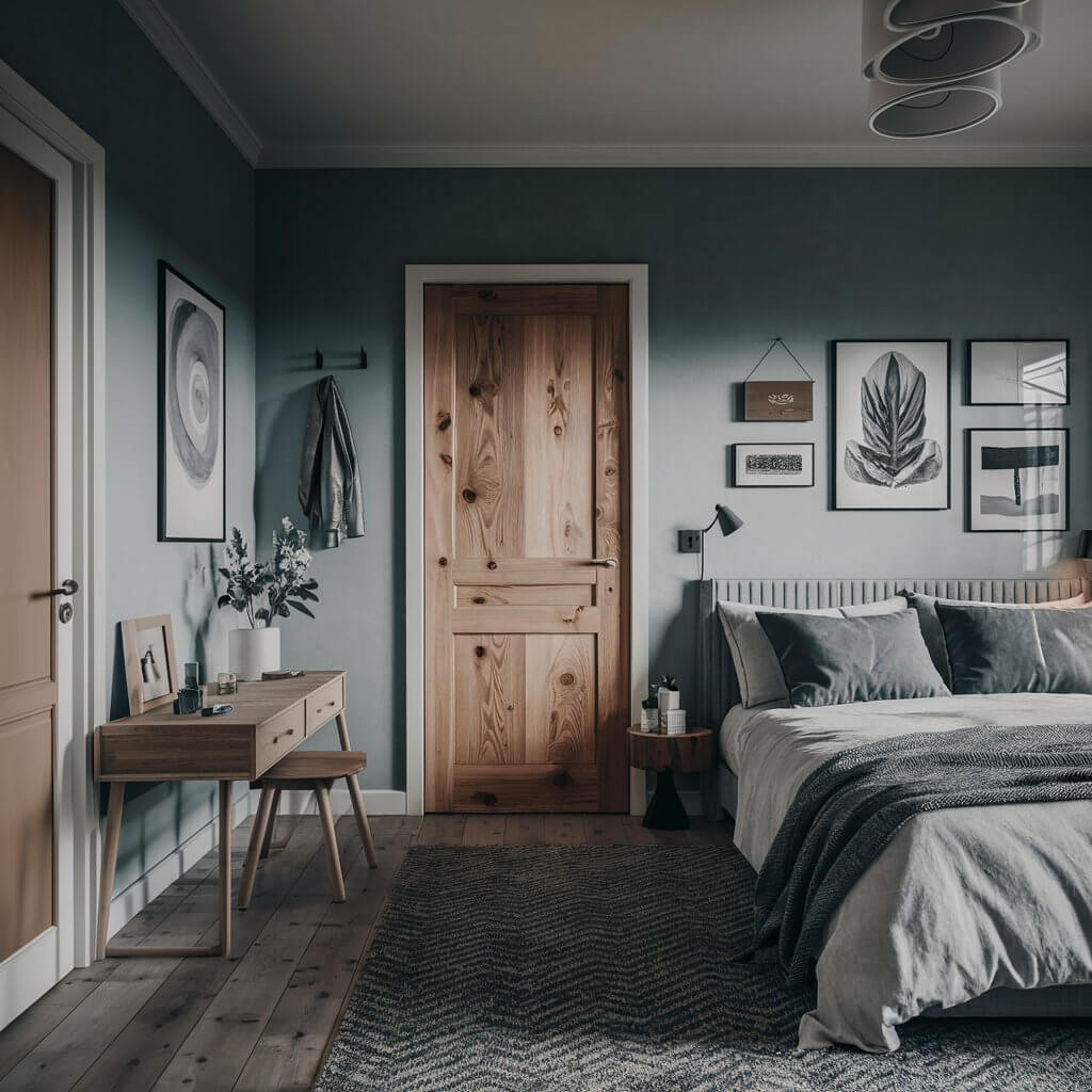 12 Modern Bedroom Door Ideas to Elevate Your Interior Design 6 Modern bedroom door featuring sleek plywood designs, adding a minimalist yet stylish touch to any bedroom decor. This plywood bedroom door showcases natural wood grains and a smooth, matte finish, enhancing a cozy and contemporary vibe. Ideal for those seeking affordable, sustainable bedroom door ideas, this plywood design fits seamlessly into modern, rustic, and Scandinavian interiors, creating a warm, inviting entryway.