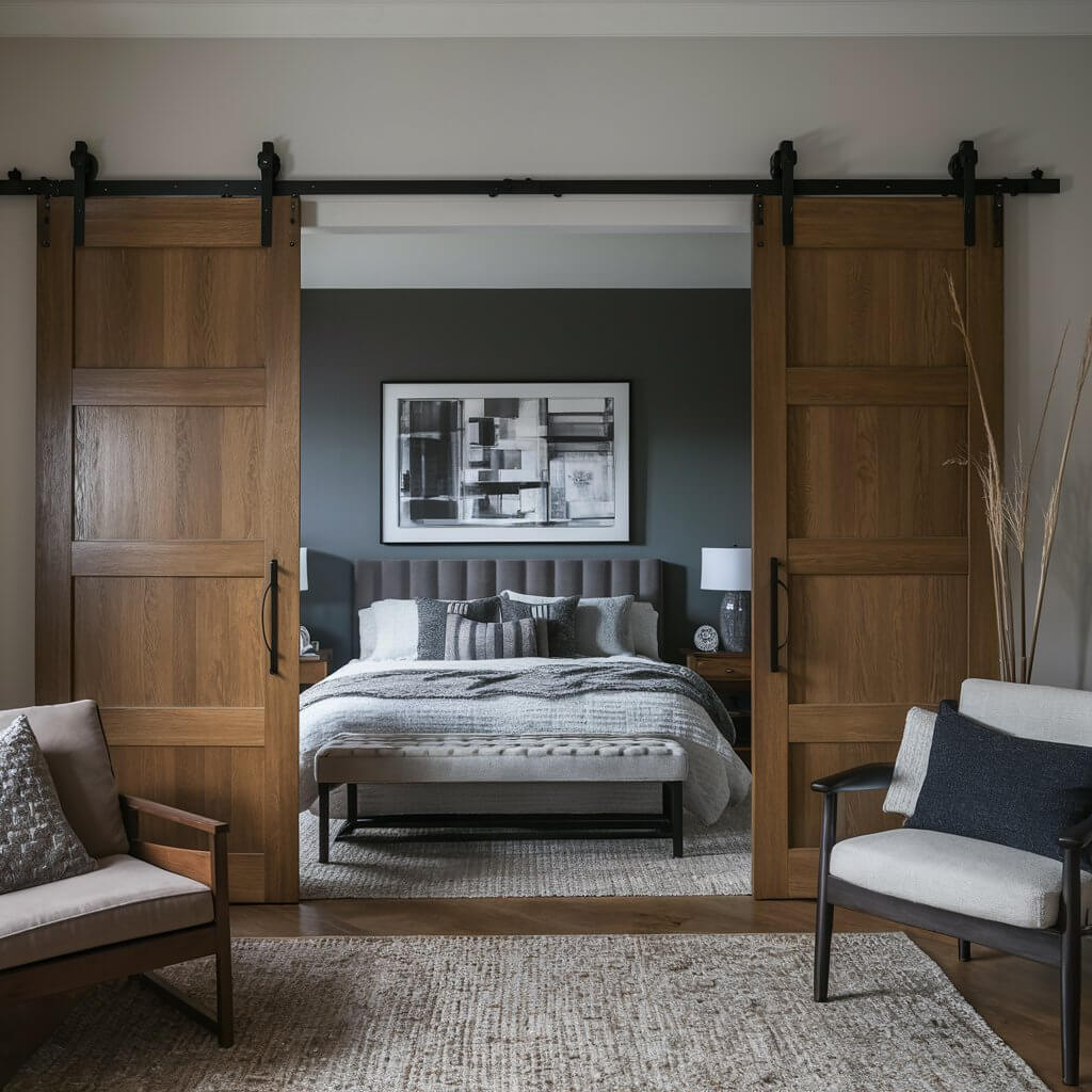 12 Modern Bedroom Door Ideas to Elevate Your Interior Design 8 Elegant pocket door design for bedrooms, showcasing space-saving functionality and modern style. This bedroom door idea features a sleek sliding mechanism, perfect for small rooms or minimalist interiors. The pocket door effortlessly blends into the wall, creating a seamless look that enhances room flow and maximizes floor space. Ideal for contemporary and modern home decor, pocket doors add a touch of sophistication while offering practical privacy solutions.