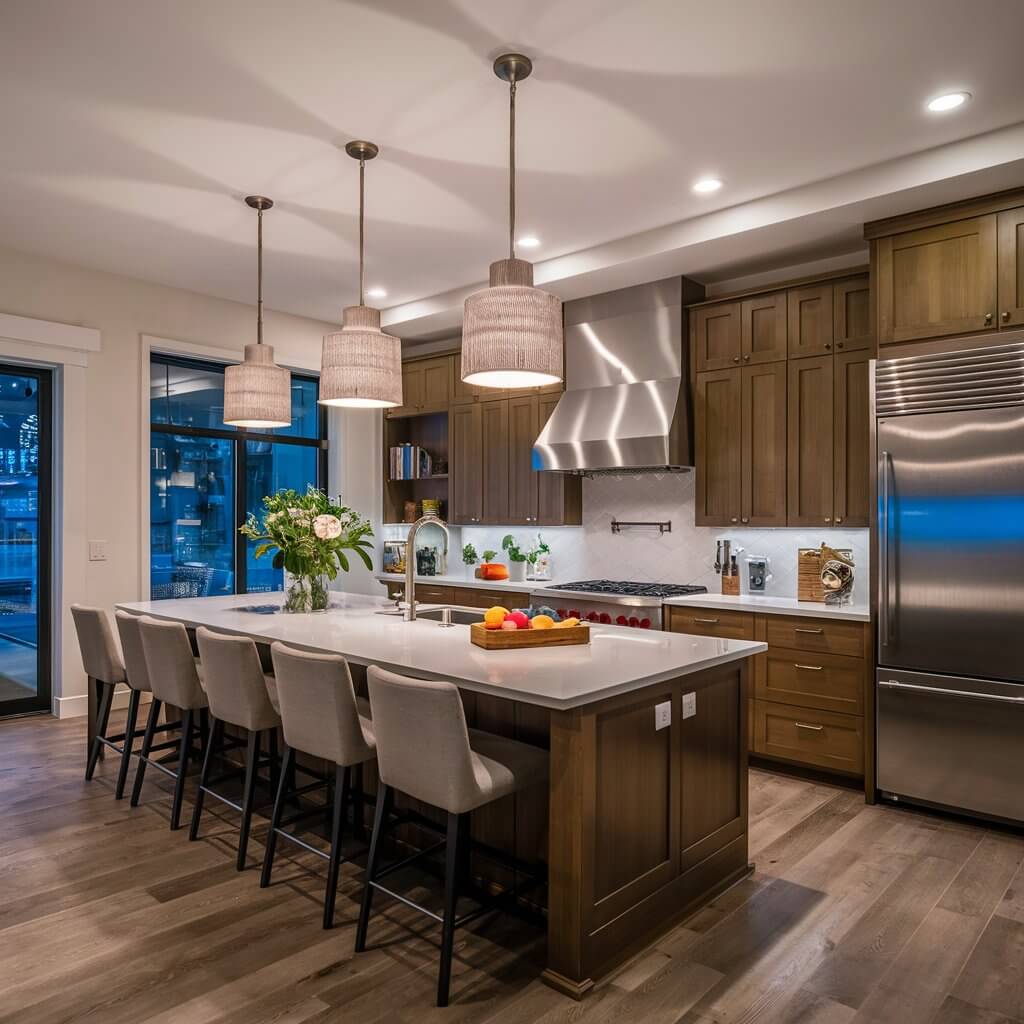 13 Kitchen Lighting Design Ideas That Will Illuminate Your Space 5 Bright and practical recessed lighting in a modern kitchen, illuminating the countertop and enhancing the space's functionality. This kitchen lighting idea features sleek, flush-mounted lights that offer both ambient and task lighting, perfect for cooking and dining areas. Ideal for contemporary kitchens, recessed lighting provides a clean look while maximizing ceiling height. Discover how recessed lighting can transform your kitchen with practical, efficient, and stylish illumination solutions.