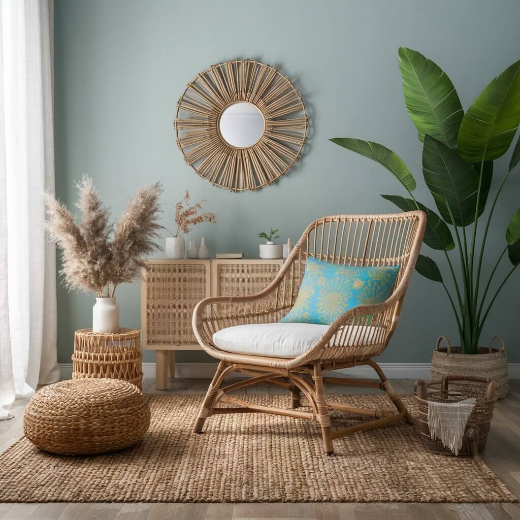 12 Coastal Living Room Chairs Perfect for Lazy Summer Days 5 Rattan lounge chair in a coastal living room setting, showcasing a natural woven texture that embodies the relaxed, airy feel of beach-inspired decor. This chair pairs perfectly with light wood furniture, nautical accents, and neutral tones, adding a touch of organic elegance and comfort to any seaside-themed space.