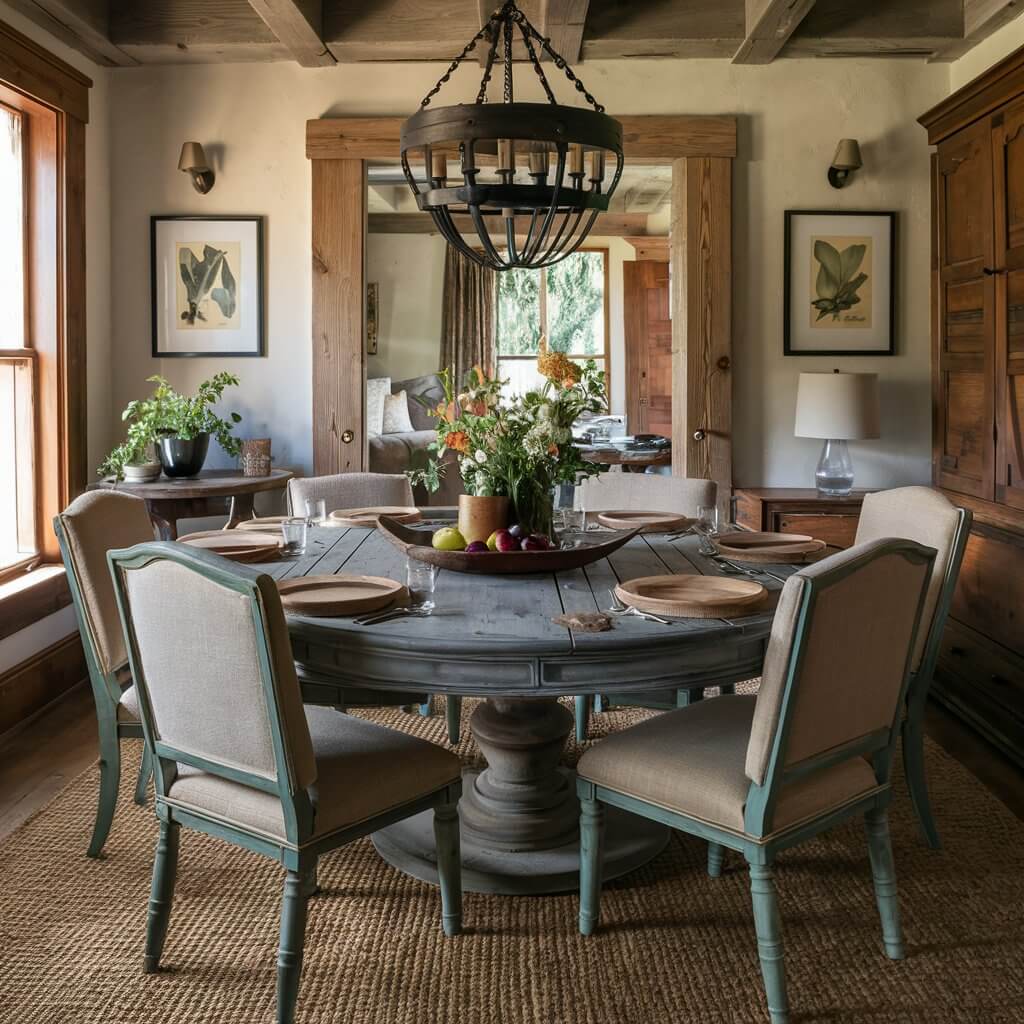 Beautiful rustic dining room showcasing a round wooden table made from reclaimed timber, surrounded by stylish farmhouse chairs. The warm, natural tones of the wood complement the cozy decor, creating an inviting atmosphere for family gatherings. Perfect for enhancing organic modern dining room aesthetics.