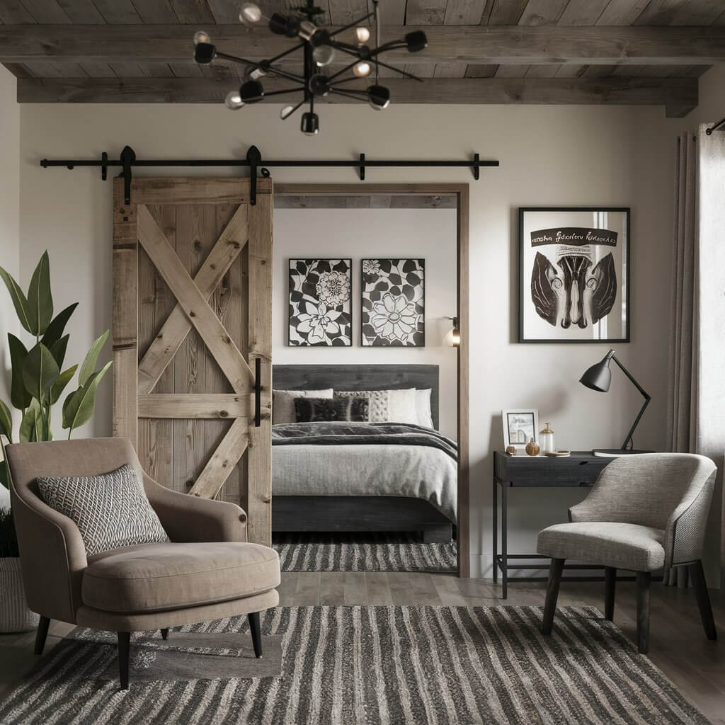 12 Modern Bedroom Door Ideas to Elevate Your Interior Design 4 Rustic barn doors for bedroom, showcasing a charming farmhouse style with natural wood texture and metal hardware. Ideal for adding a rustic, cozy touch to modern bedrooms, these sliding barn doors save space while creating a warm, inviting atmosphere. Perfect for those seeking bedroom door ideas that blend rustic decor with practical elegance.