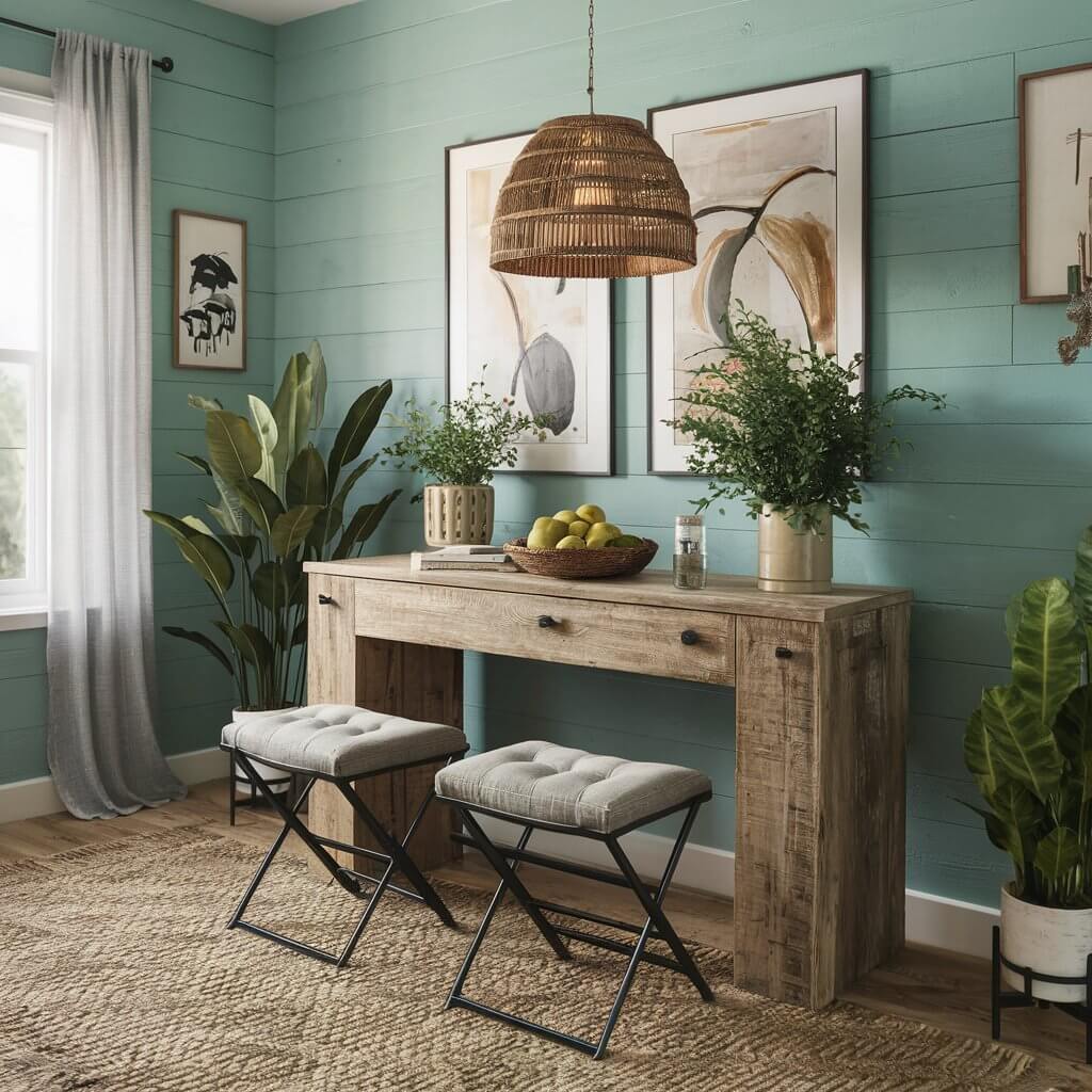 Rustic console table dining setup featuring a charming reclaimed wood table with a natural finish, perfect for creating a cozy and inviting farmhouse-inspired dining area. Styled with vintage chairs, earthy decor, and warm lighting, this rustic dining room table adds a timeless touch, blending rugged elegance and functionality. Ideal for hosting gatherings in a countryside or cottage-style dining space, this setup brings a touch of rustic charm to your home decor.