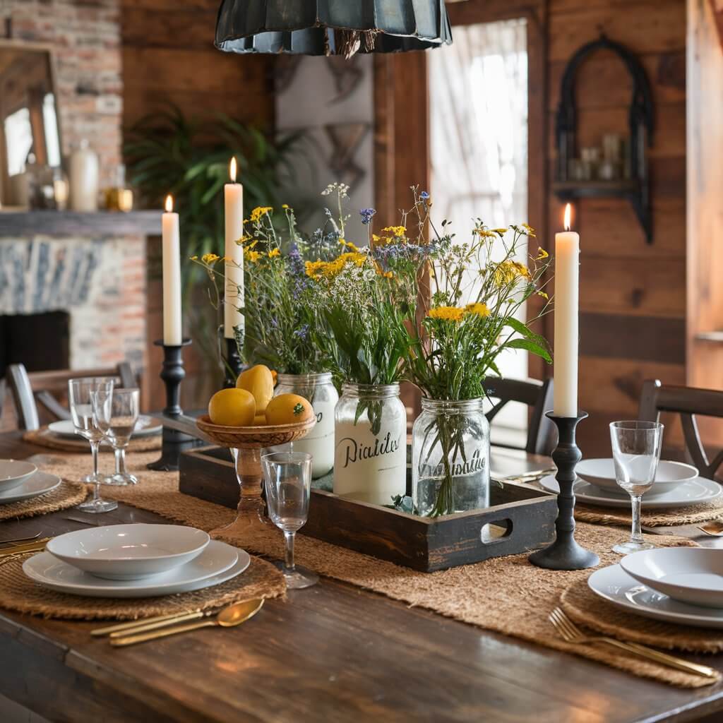 Rustic dining table centerpiece with natural wood finish, featuring farmhouse-inspired decor elements like a woven basket, dried flowers, and vintage candle holders. This rustic dining room table setup exudes a cozy, countryside charm, perfect for adding warmth and character to any home. Ideal for those seeking rustic farmhouse dining room ideas, this table design blends organic textures and earthy tones for a welcoming, timeless look.