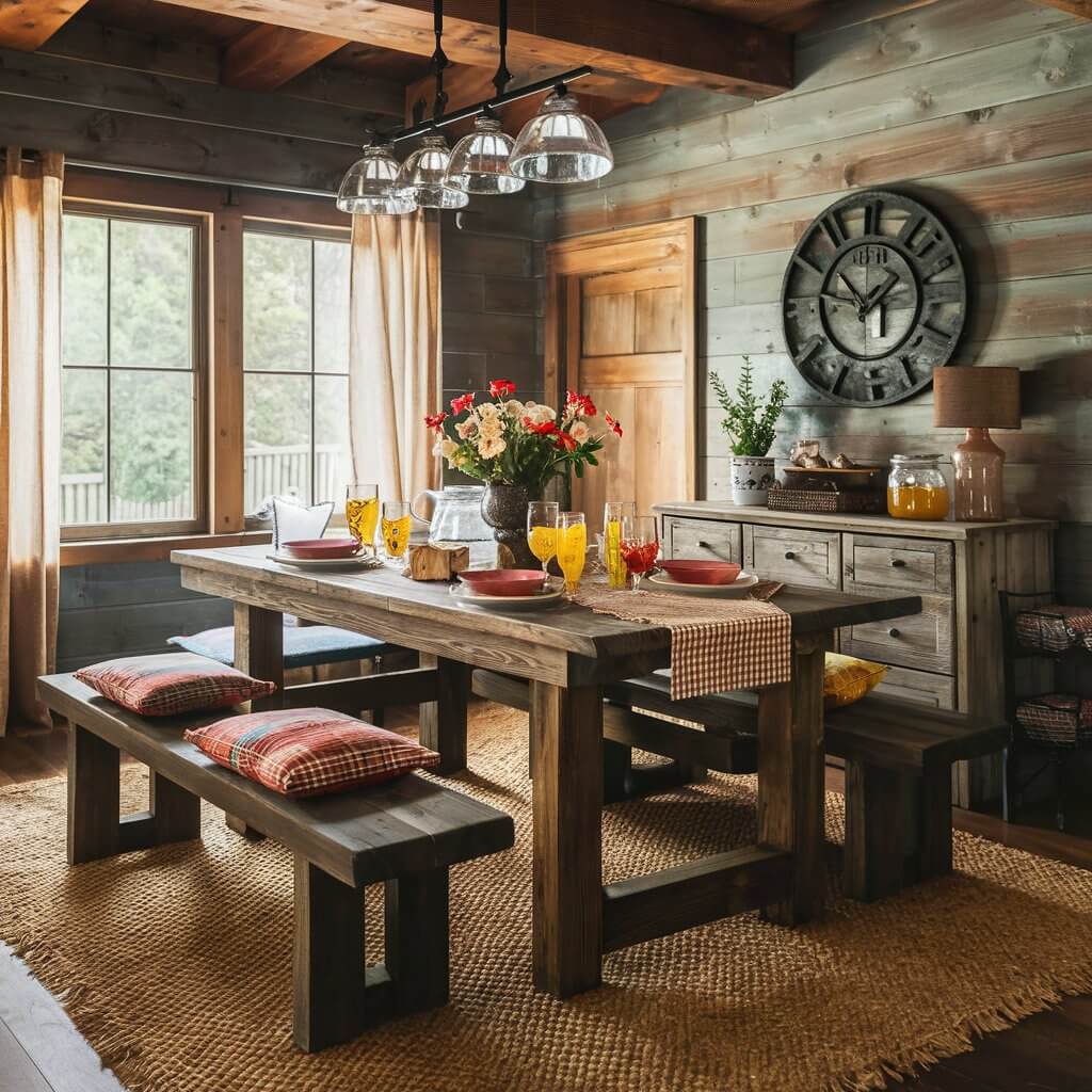 Rustic picnic table set in a charming dining room, showcasing a beautiful blend of natural wood grain and vintage design elements. The table features sturdy, handcrafted legs and a weathered finish, surrounded by cozy dining chairs. Perfect for rustic dining room decor ideas, this picnic table adds warmth and character, making it an ideal centerpiece for family gatherings and outdoor-inspired interiors.