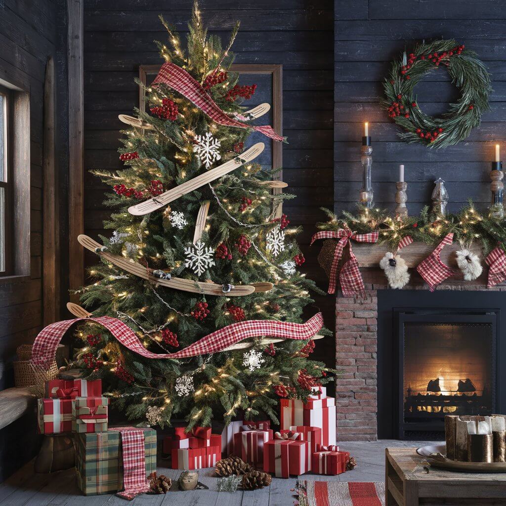15 Must-Try Rustic Christmas Decor Ideas for a Whimsical Holiday 3 A beautifully decorated rustic ski lodge Christmas tree adorned with natural elements like pinecones, burlap ribbon, and wooden ornaments. The cozy scene features warm lights and rustic accents, creating a charming, cabin-like holiday atmosphere perfect for rustic Christmas decor ideas.