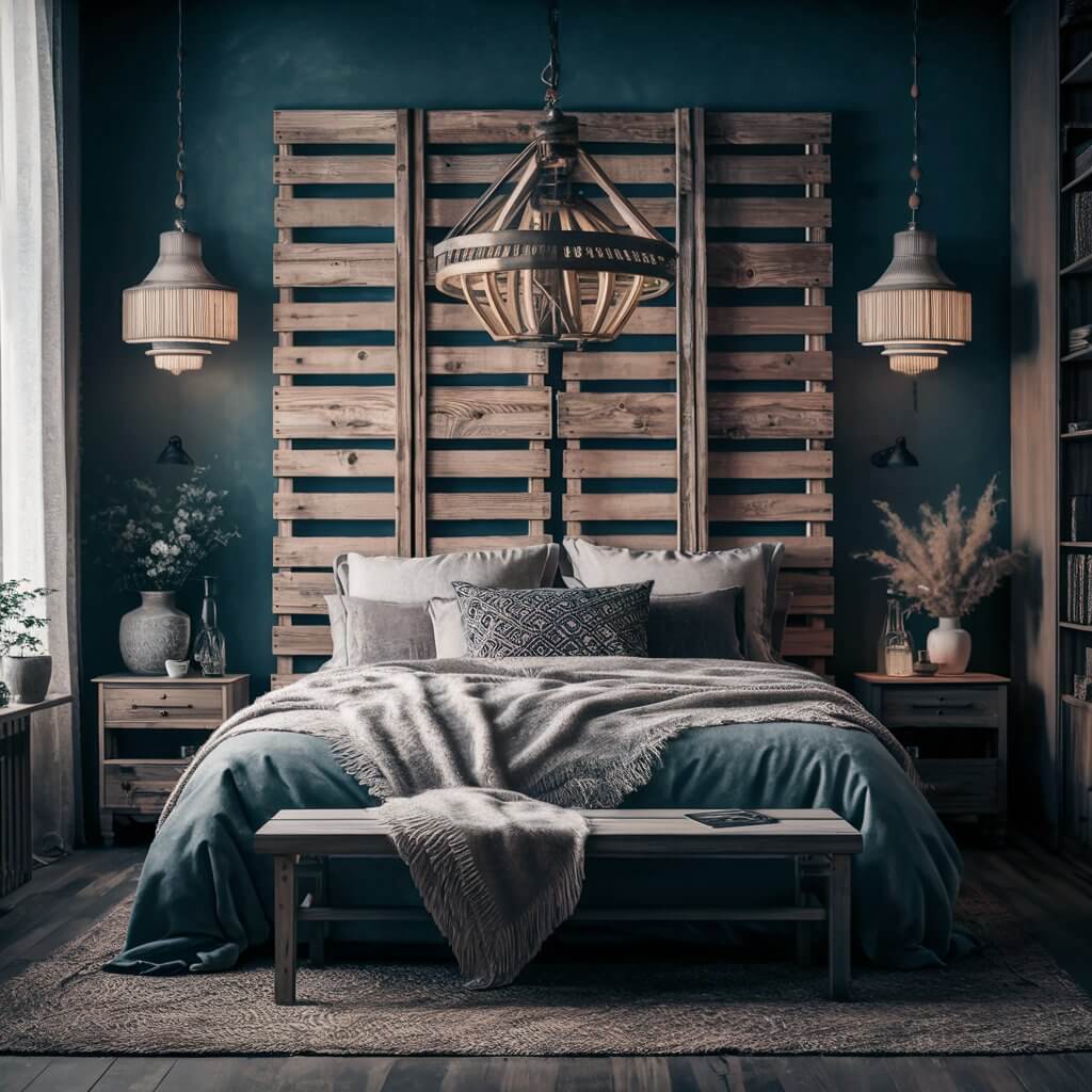 13 Stunning Master Bedroom Headboard Ideas You Need to See 2 Rustic wooden pallet headboard in a cozy bedroom setting, showcasing a natural wood texture with a charming farmhouse vibe. This eco-friendly and stylish headboard complements rustic bedroom decor ideas, adding warmth and character to the space. Perfect for those seeking sustainable and affordable bedroom headboard ideas.